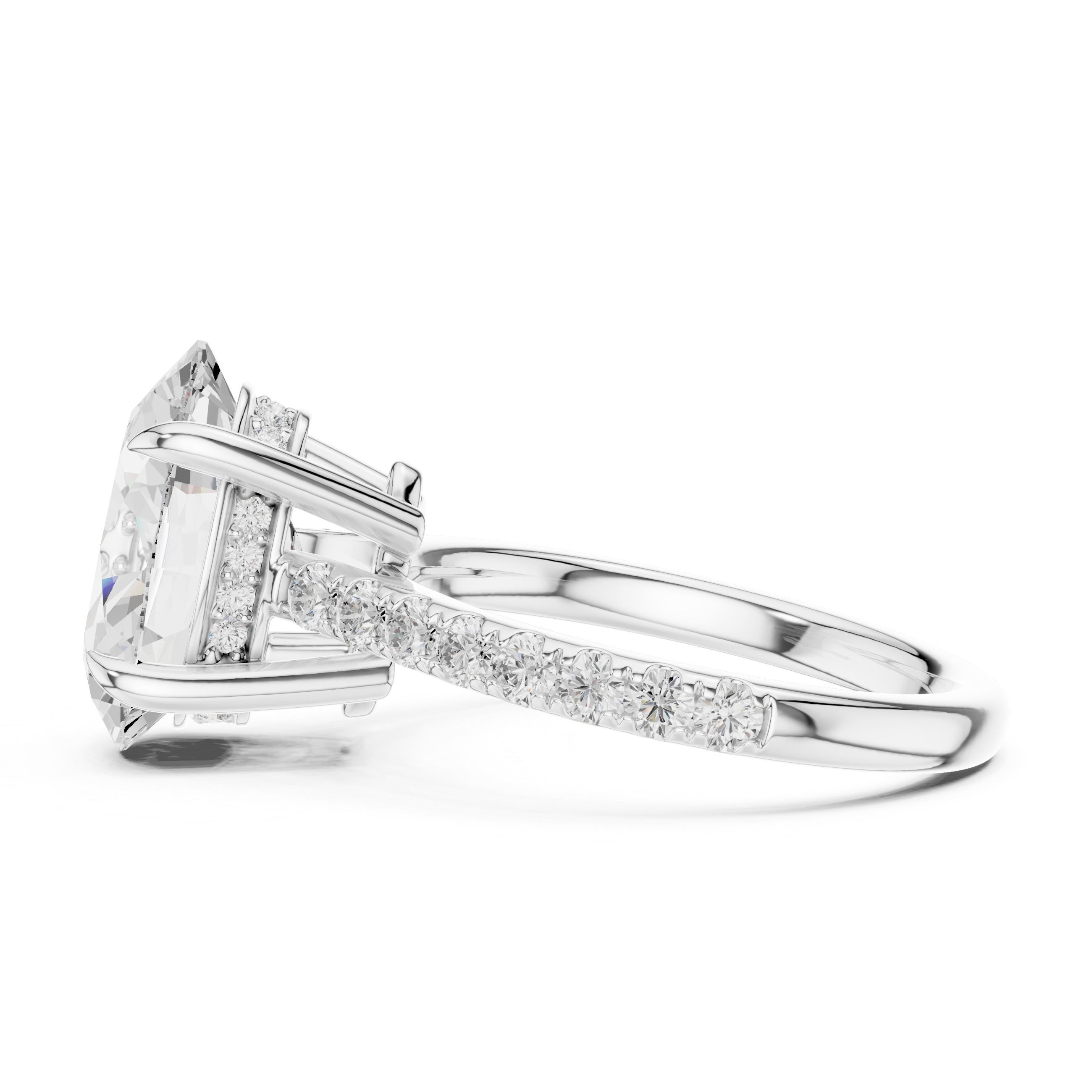 Oval Cut Solitaire Engagement Ring with Hidden Halo and Pavé Diamond Band