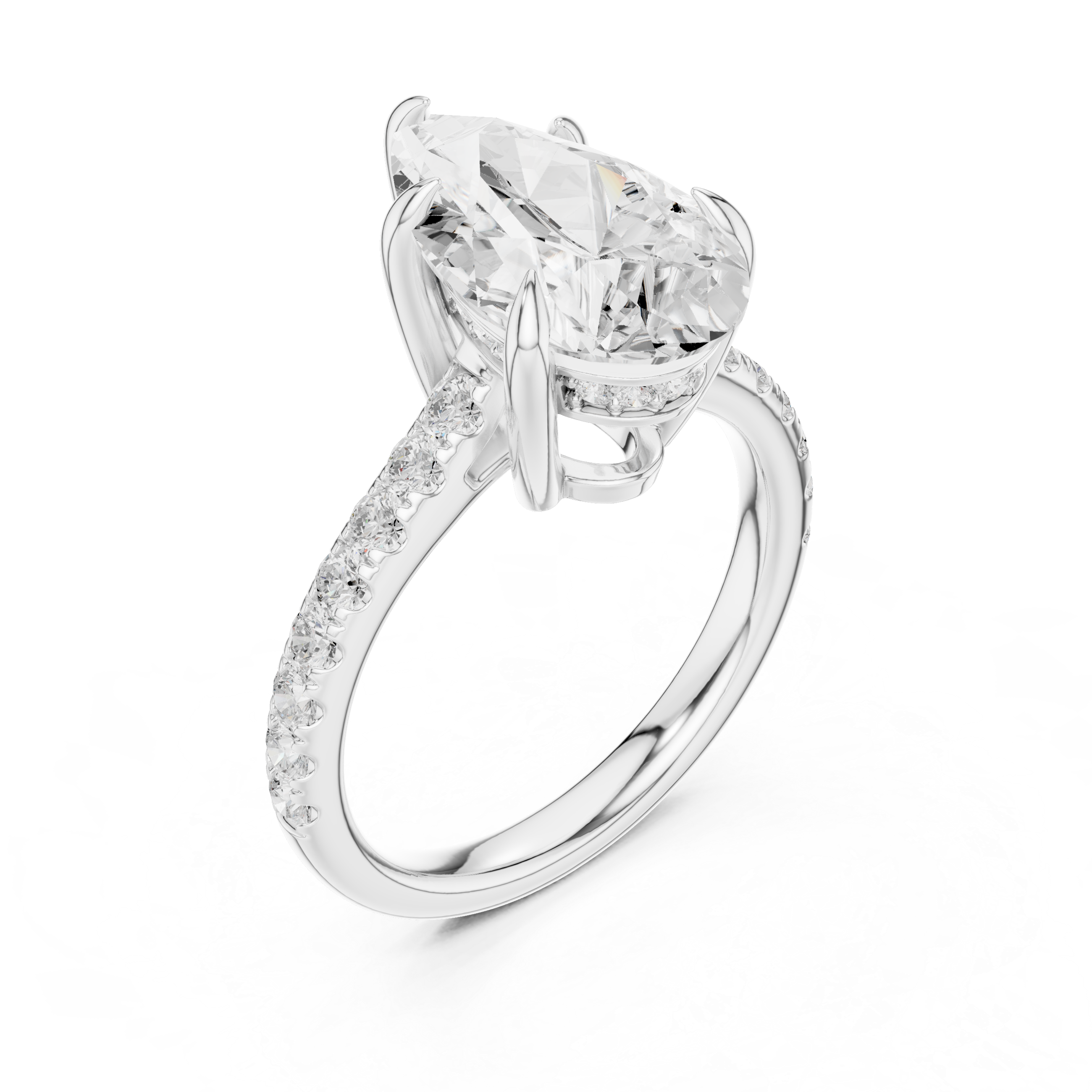 Pear Cut Solitaire Engagement Ring with Hidden Halo and Pavé Diamond Band