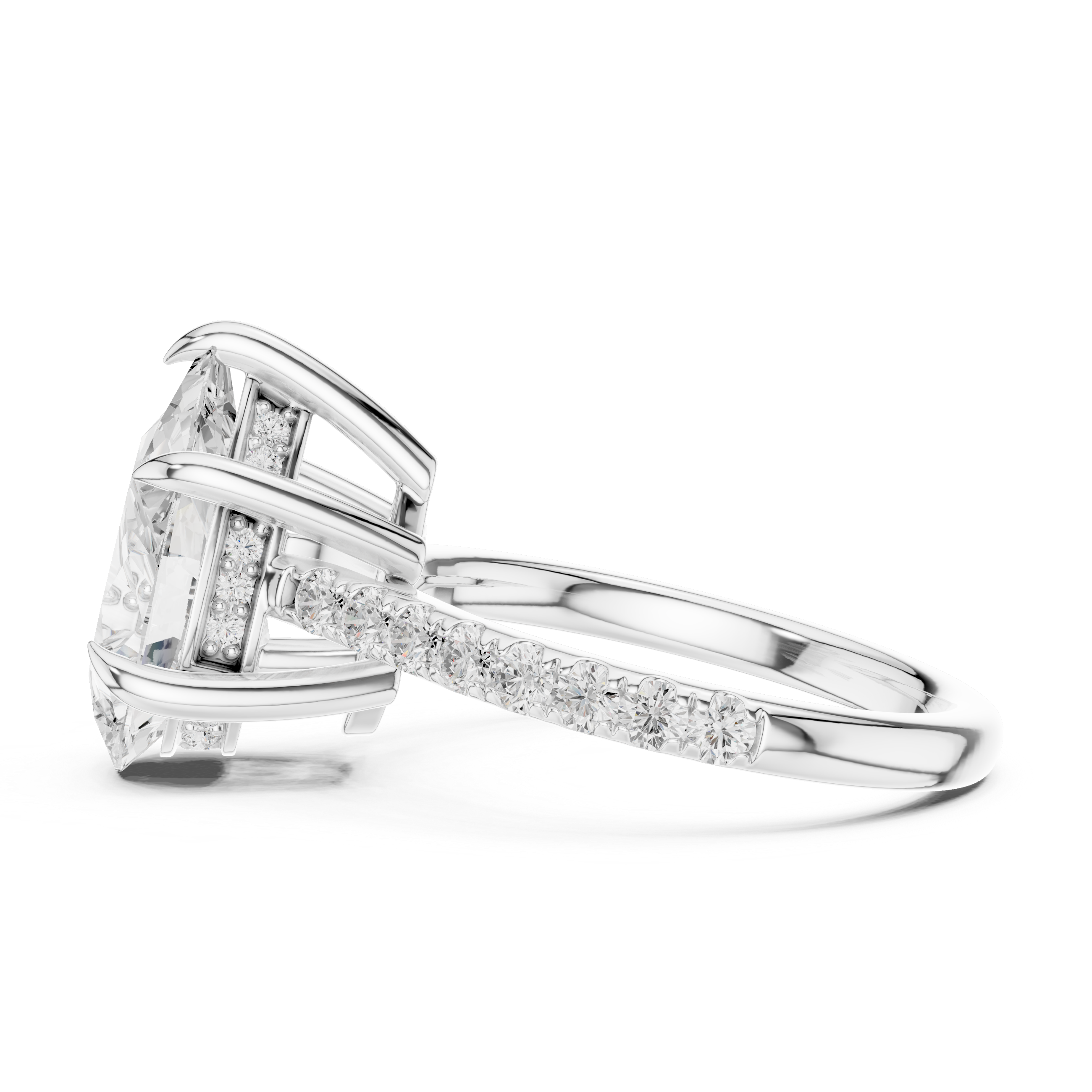 Pear Cut Solitaire Engagement Ring with Hidden Halo and Pavé Diamond Band