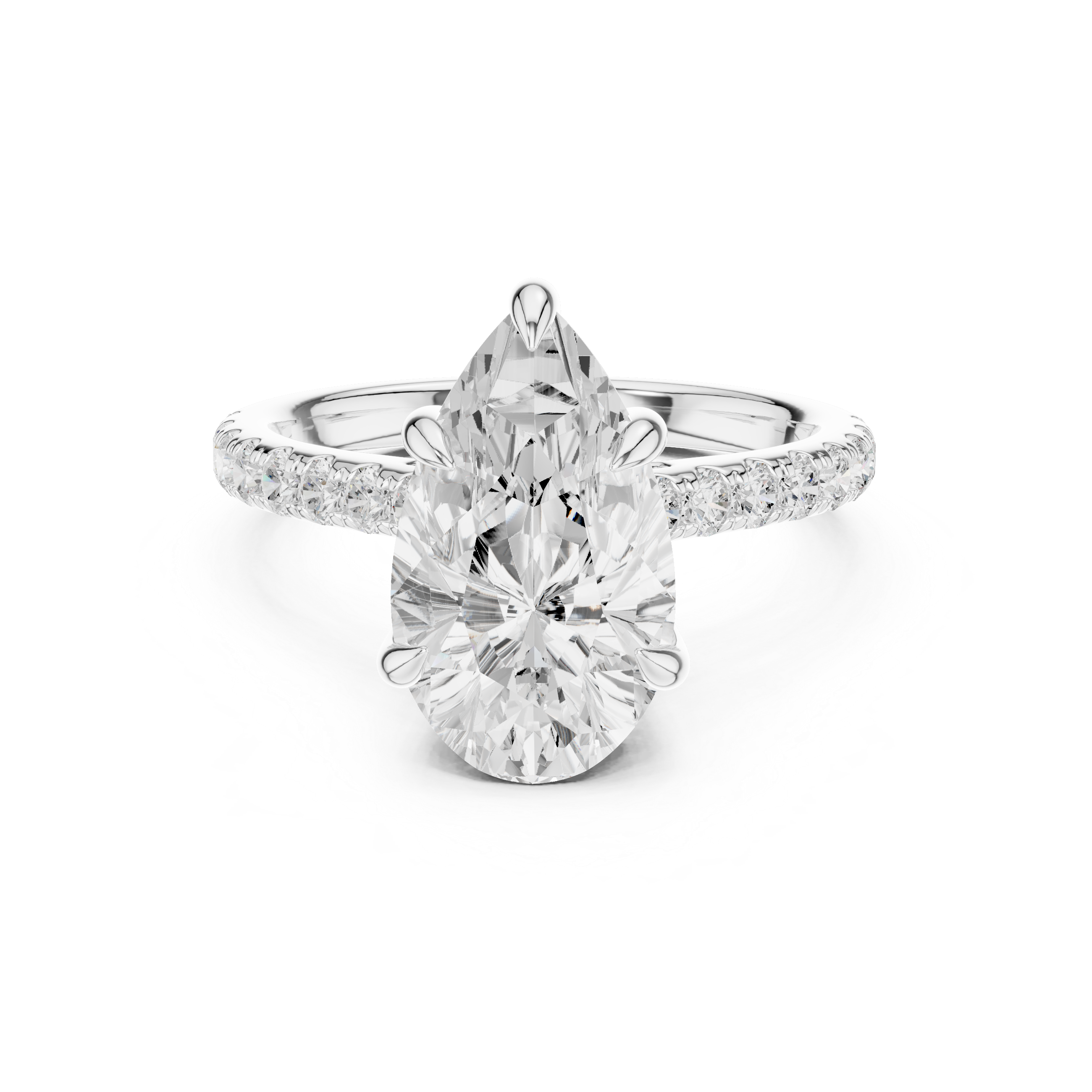 Pear Cut Solitaire Engagement Ring with Hidden Halo and Pavé Diamond Band
