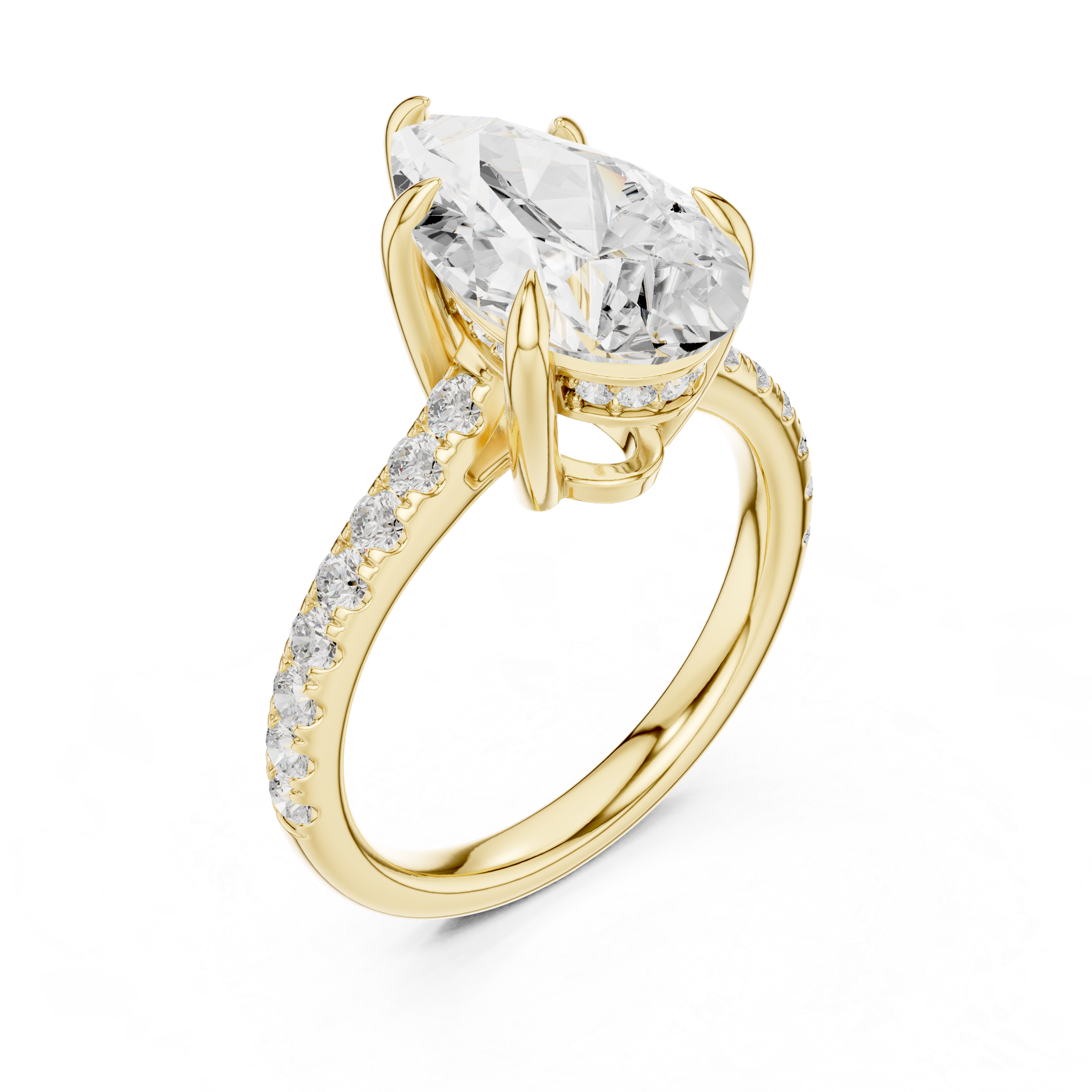 Pear Cut Solitaire Engagement Ring with Hidden Halo and Pavé Diamond Band