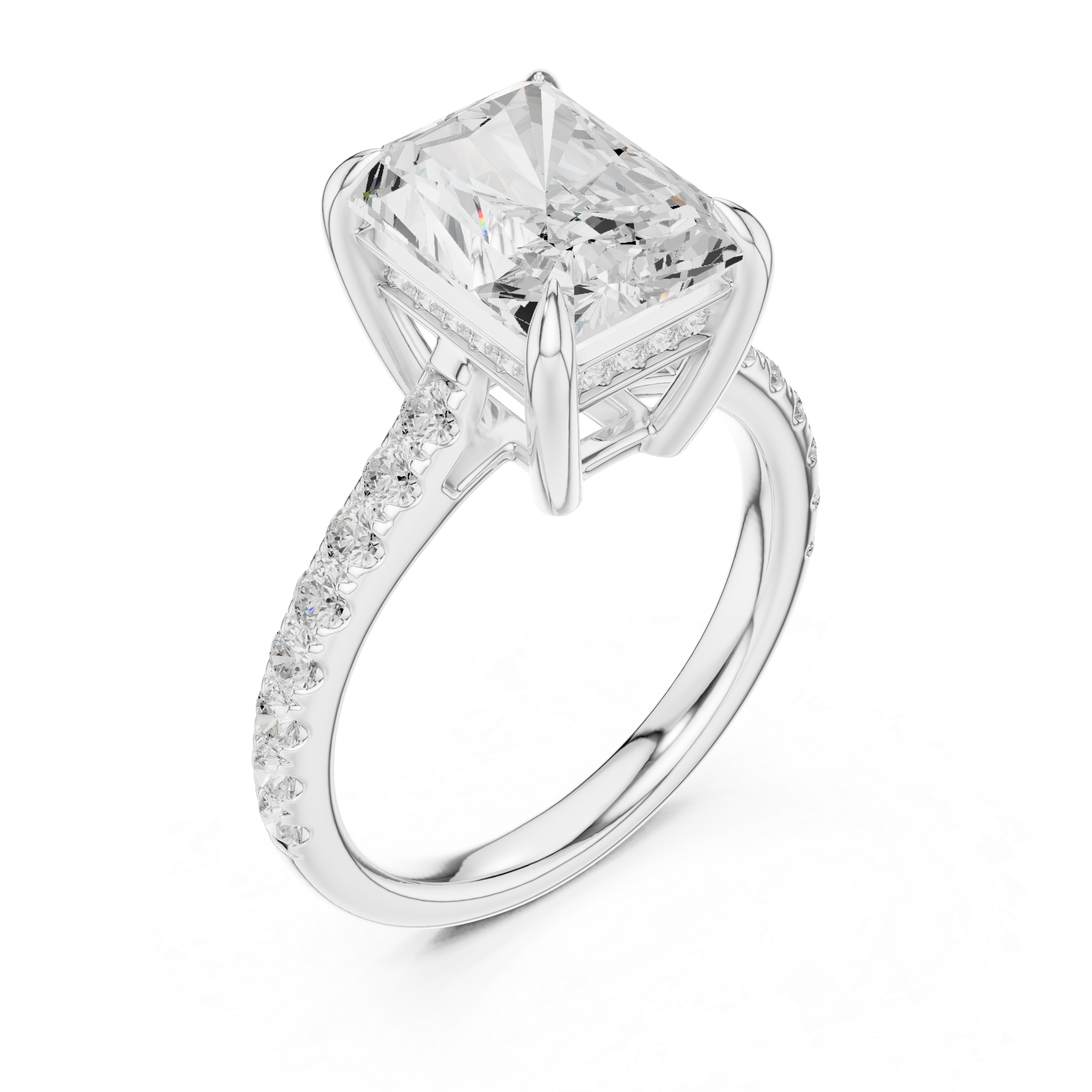 Radiant Cut Solitaire Engagement Ring with Hidden Halo and Pavé Diamond Band