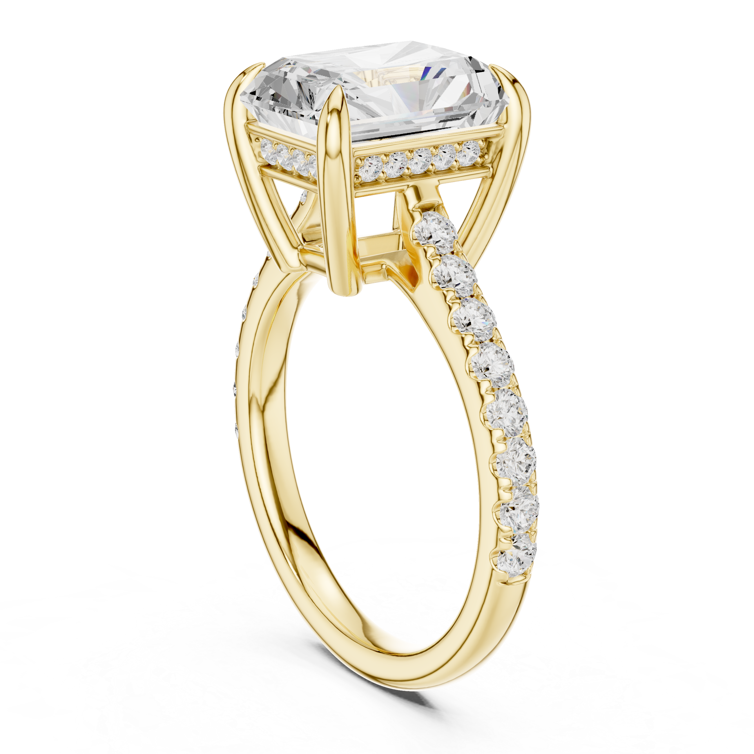 Radiant Cut Solitaire Engagement Ring with Hidden Halo and Pavé Diamond Band