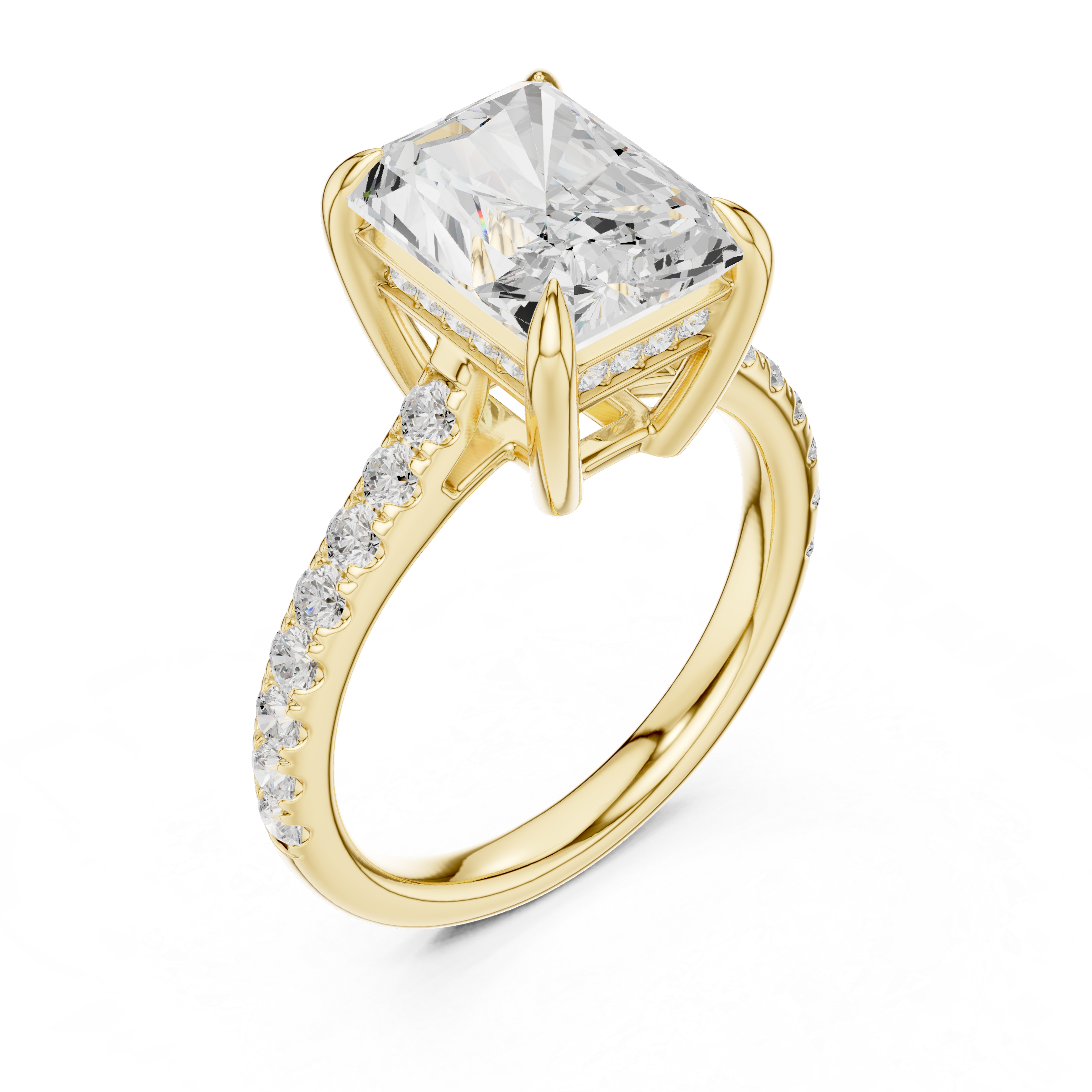 Radiant Cut Solitaire Engagement Ring with Hidden Halo and Pavé Diamond Band