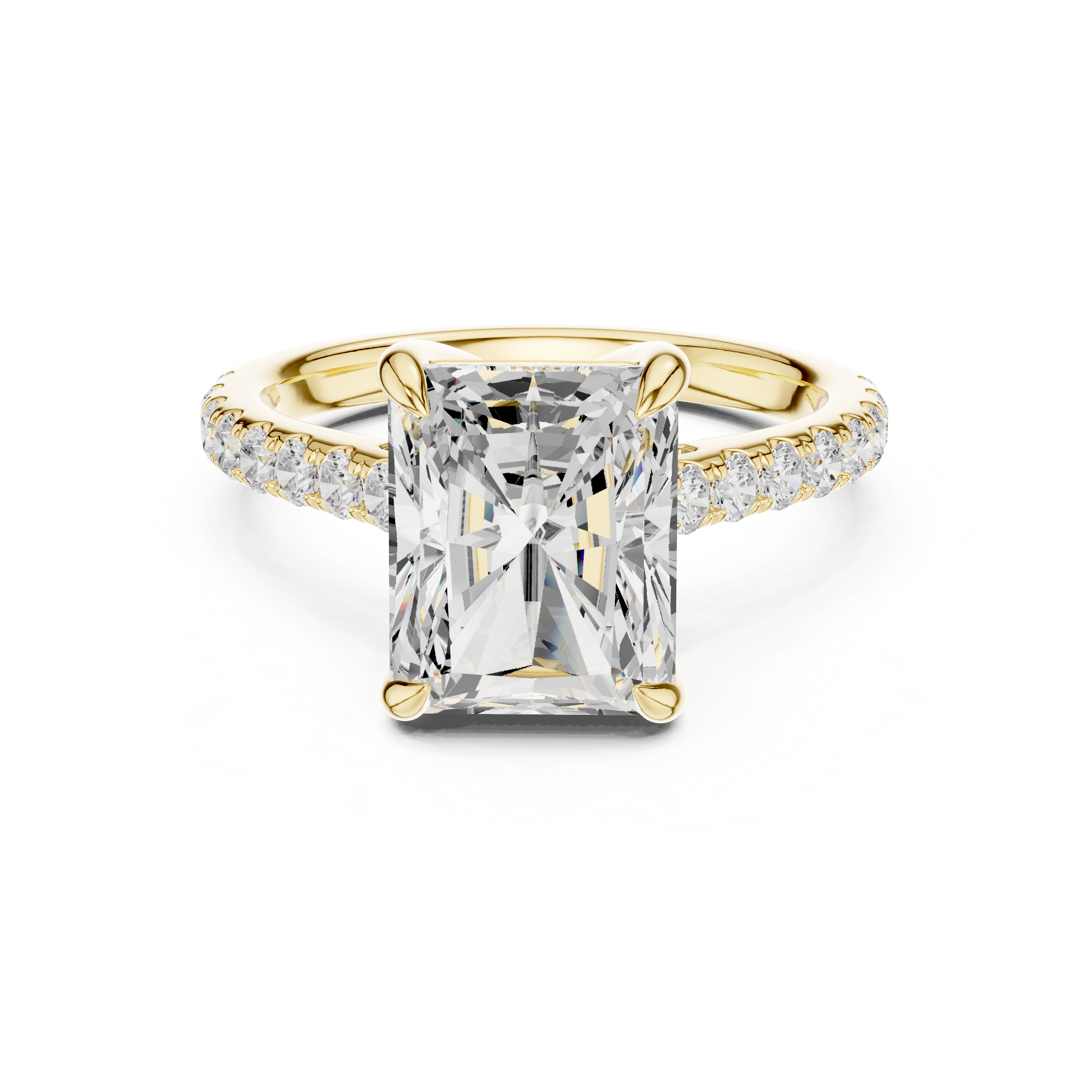Radiant Cut Solitaire Engagement Ring with Hidden Halo and Pavé Diamond Band