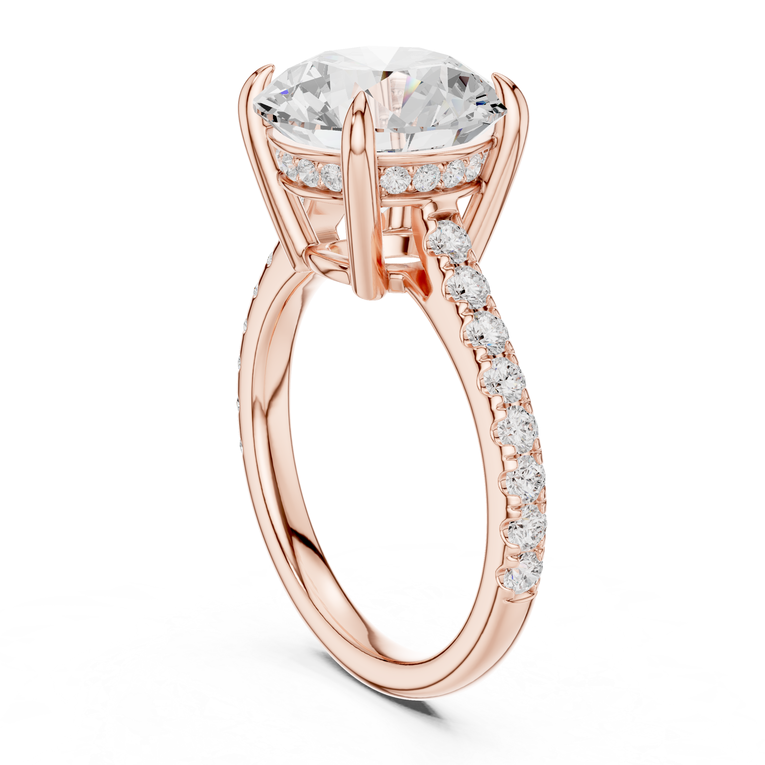 Round Brilliant Solitaire Engagement Ring with Hidden Halo and Pavé Band