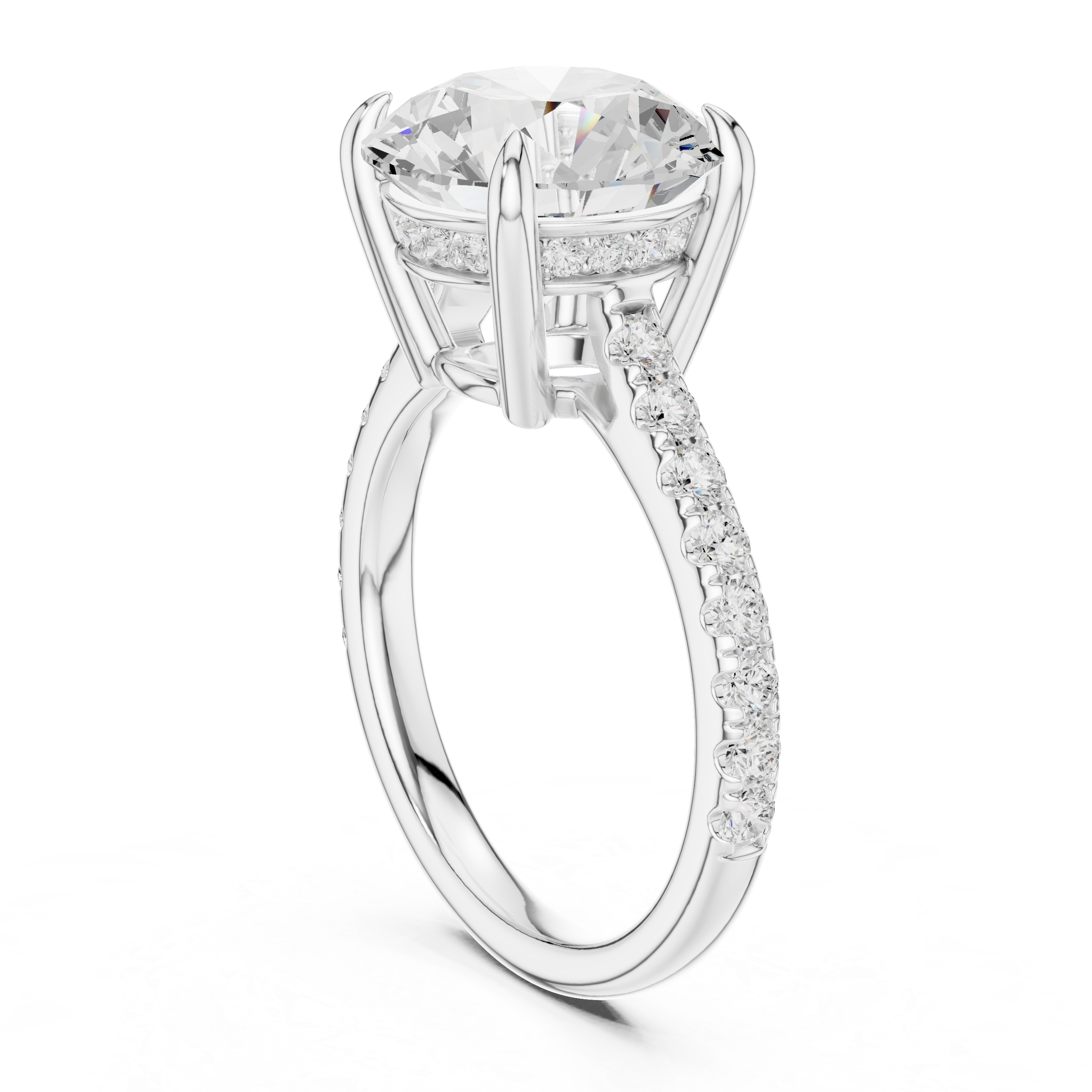 Round Brilliant Solitaire Engagement Ring with Hidden Halo and Pavé Band