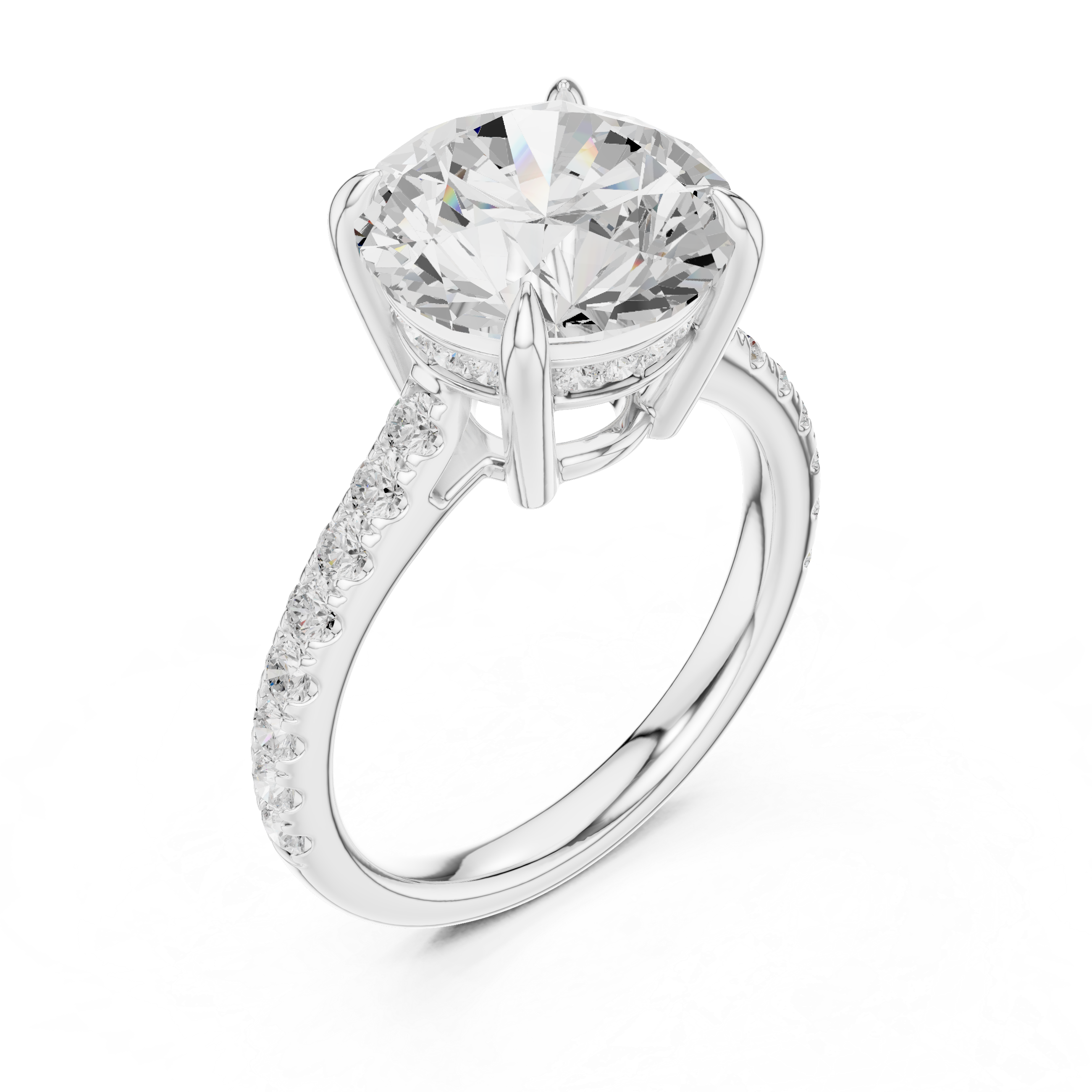 Round Brilliant Solitaire Engagement Ring with Hidden Halo and Pavé Band