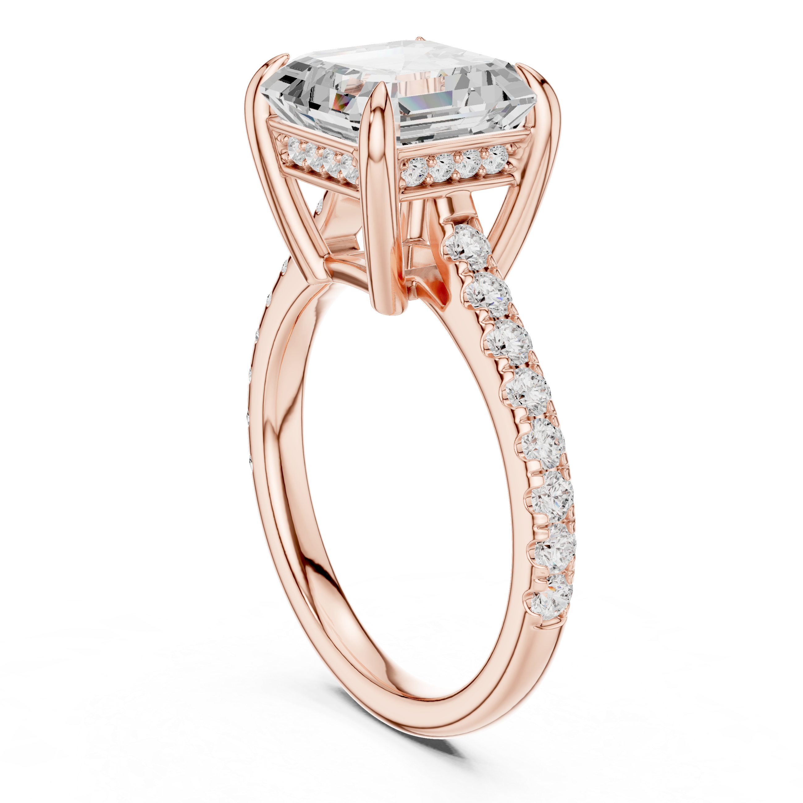 Emerald Cut Solitaire Engagement Ring with Hidden Halo and Pavé Band