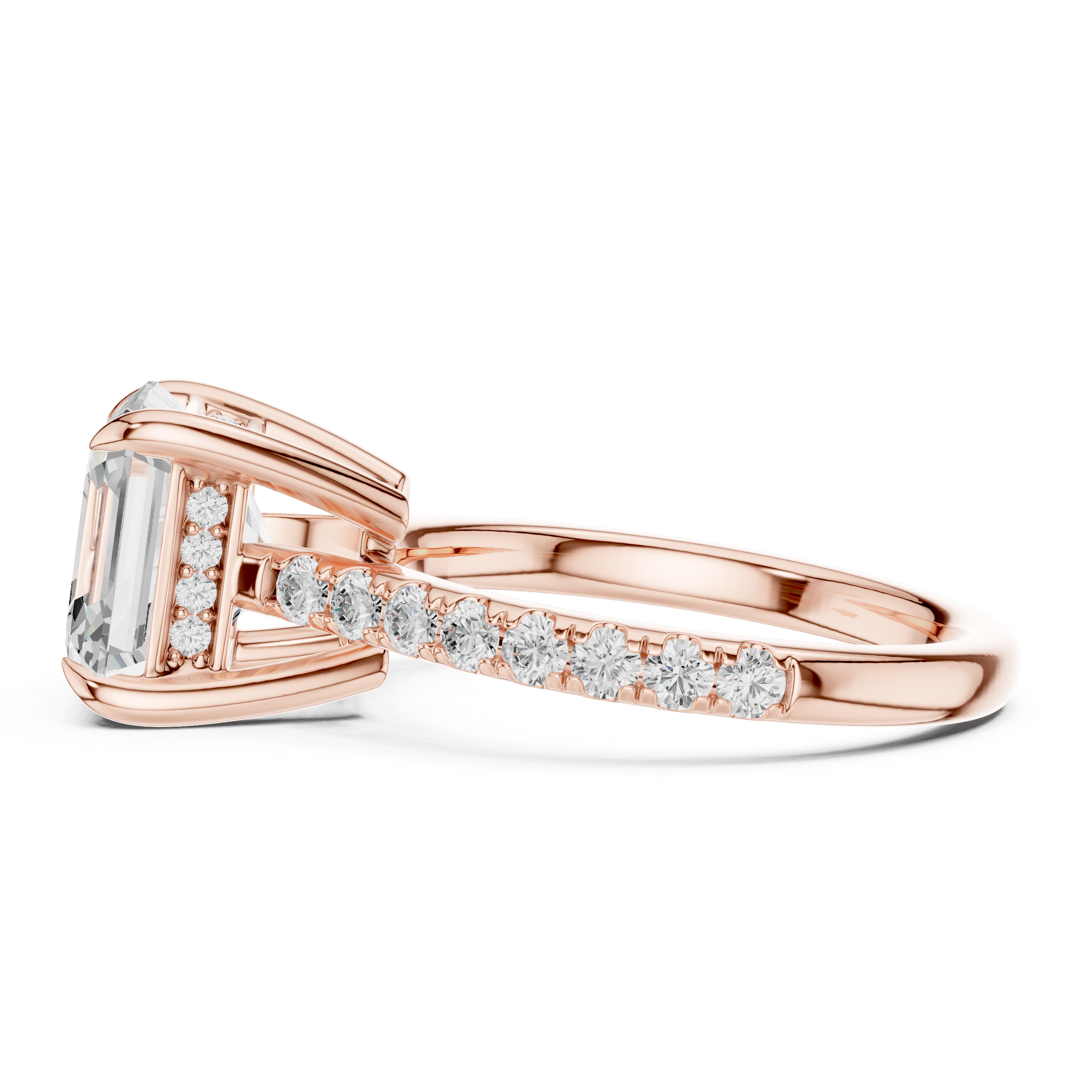 Emerald Cut Solitaire Engagement Ring with Hidden Halo and Pavé Band