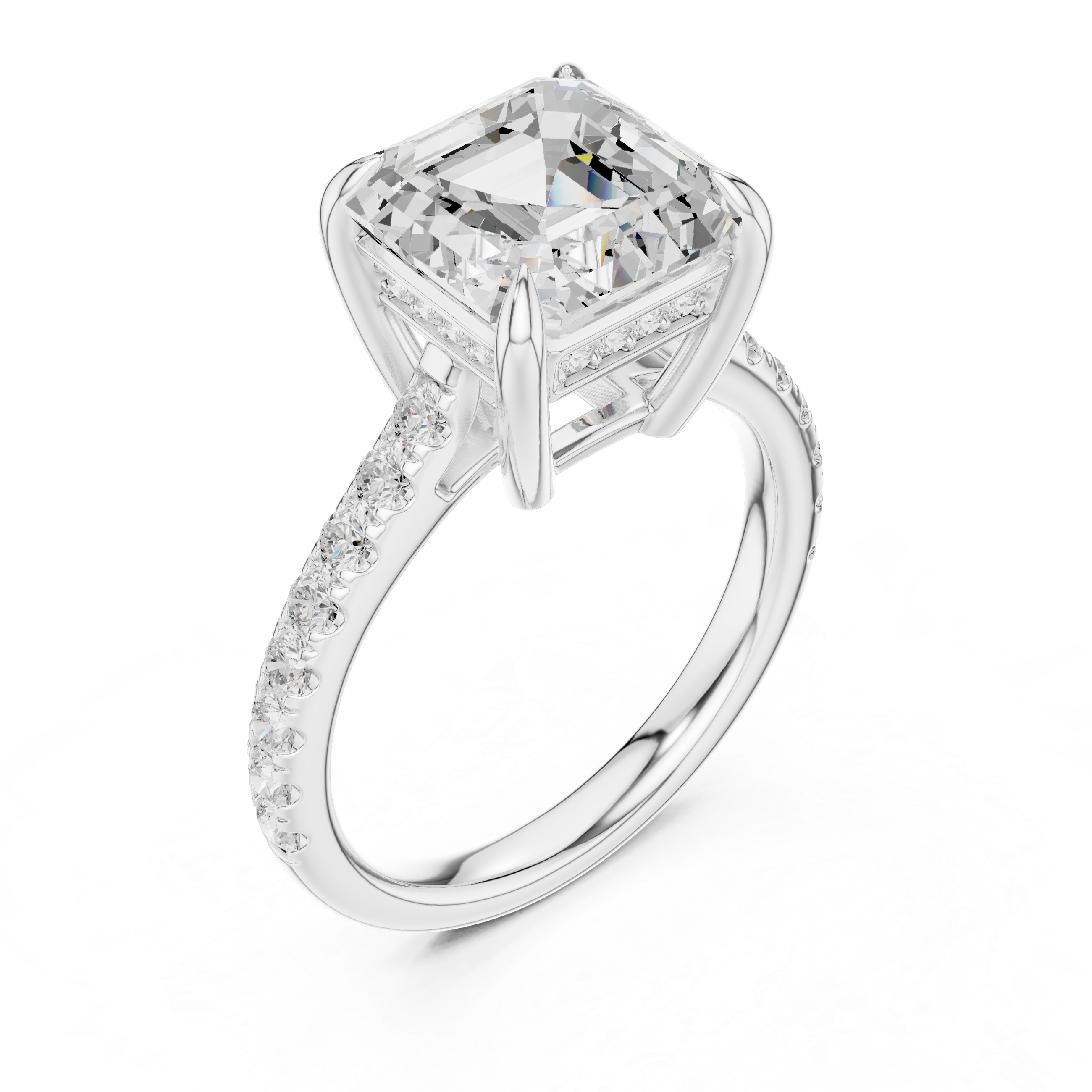 Emerald Cut Solitaire Engagement Ring with Hidden Halo and Pavé Band