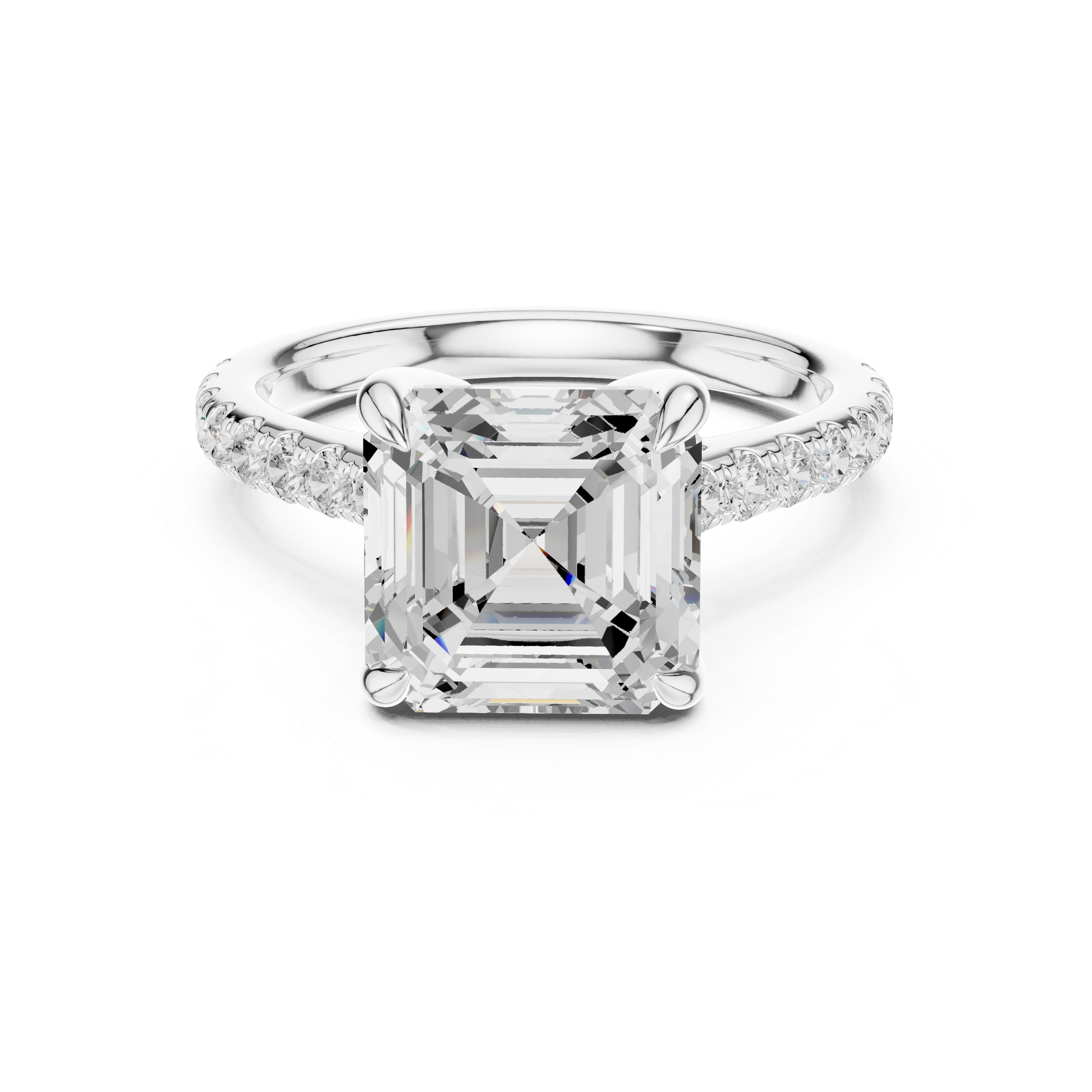 Emerald Cut Solitaire Engagement Ring with Hidden Halo and Pavé Band
