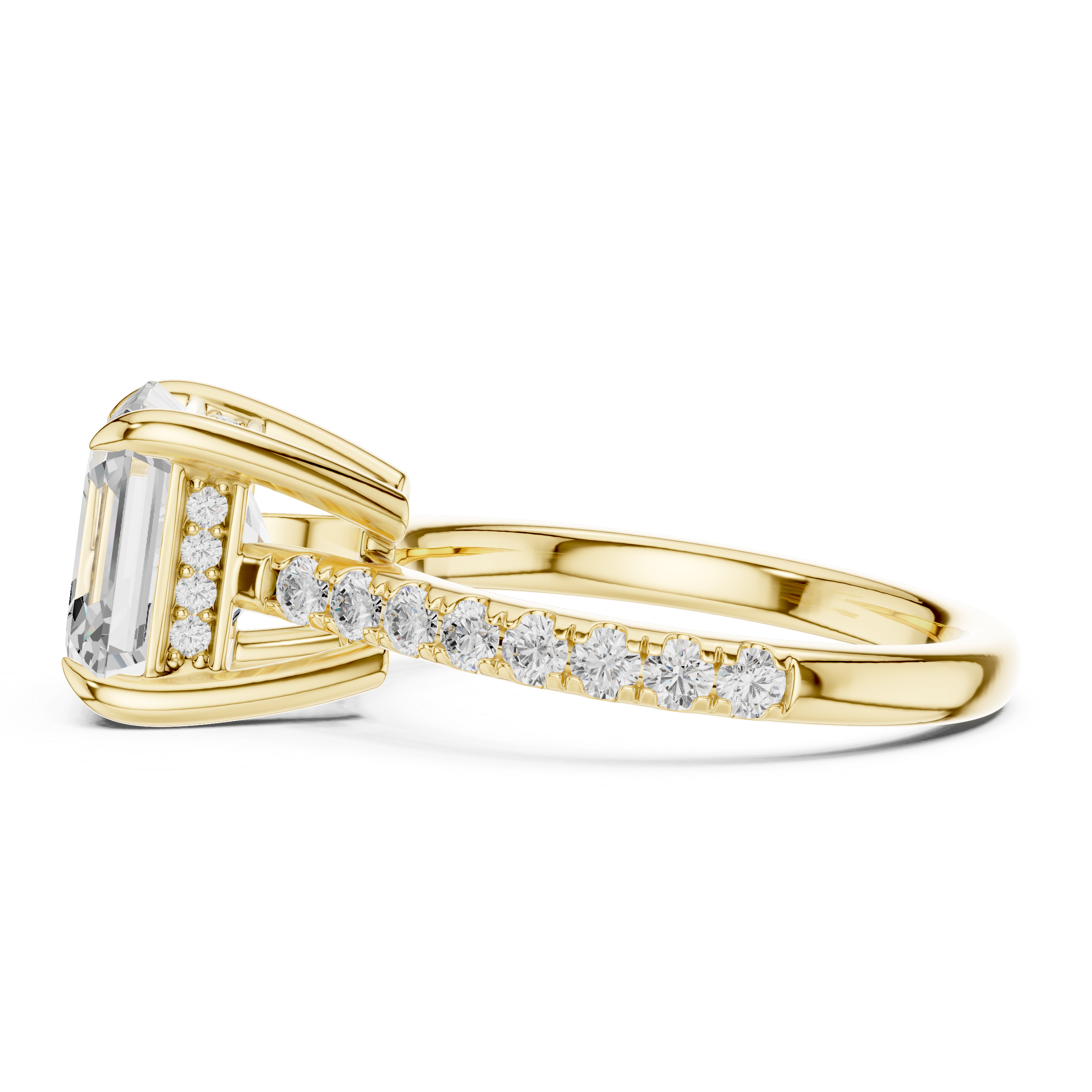 Emerald Cut Solitaire Engagement Ring with Hidden Halo and Pavé Band