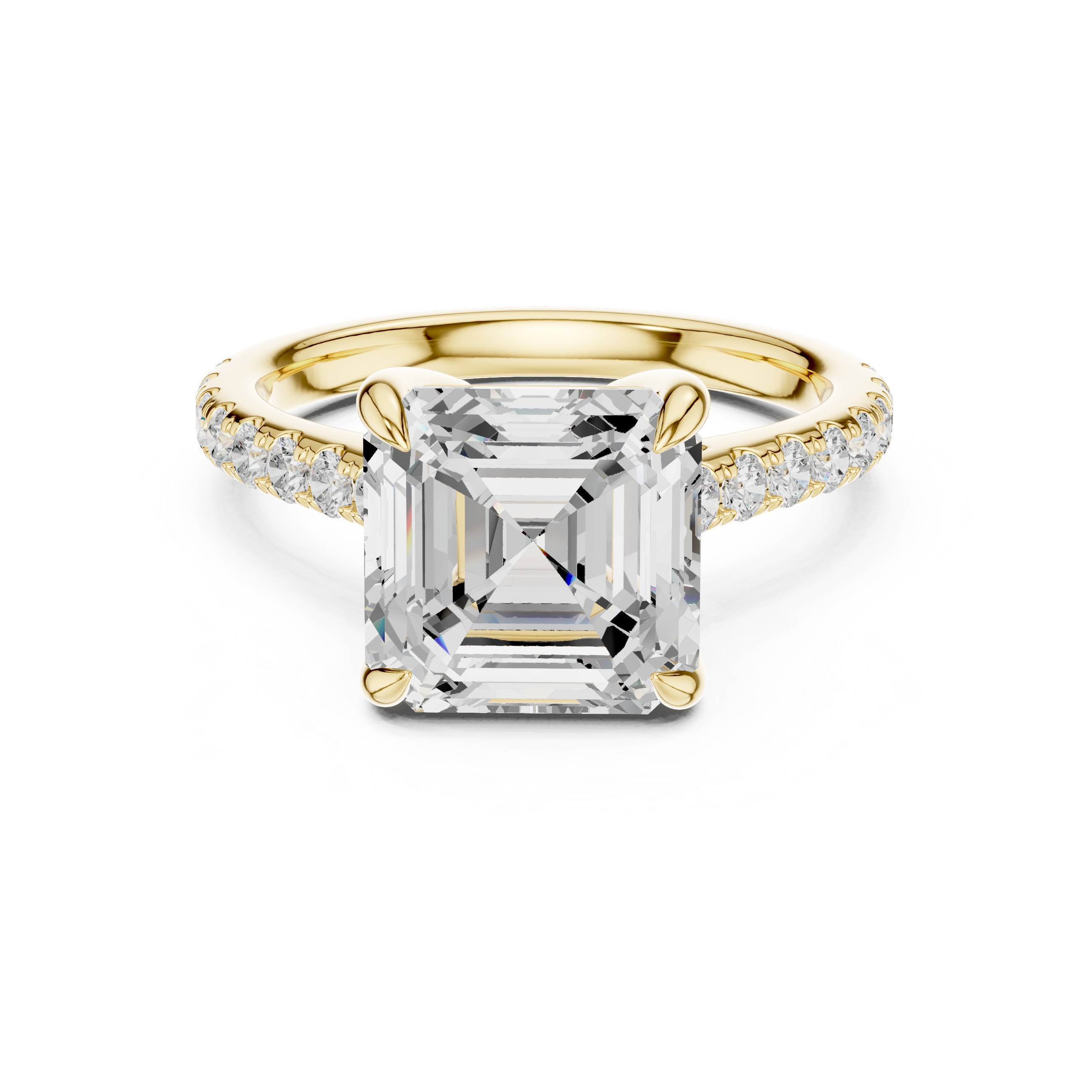 Emerald Cut Solitaire Engagement Ring with Hidden Halo and Pavé Band