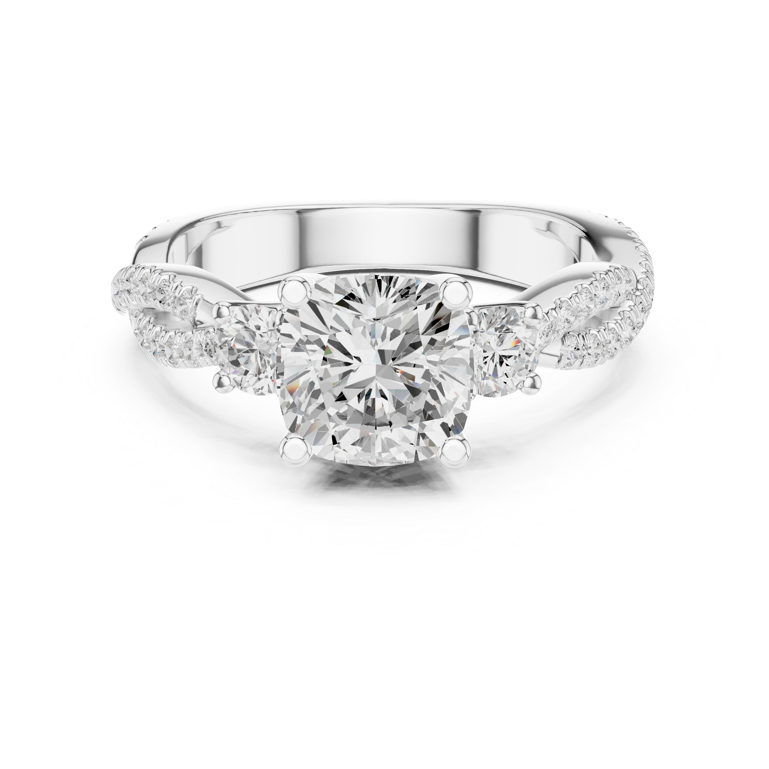 Cushion Cut Twisted Pavé Three Stone Engagement Ring with Diamond Accents