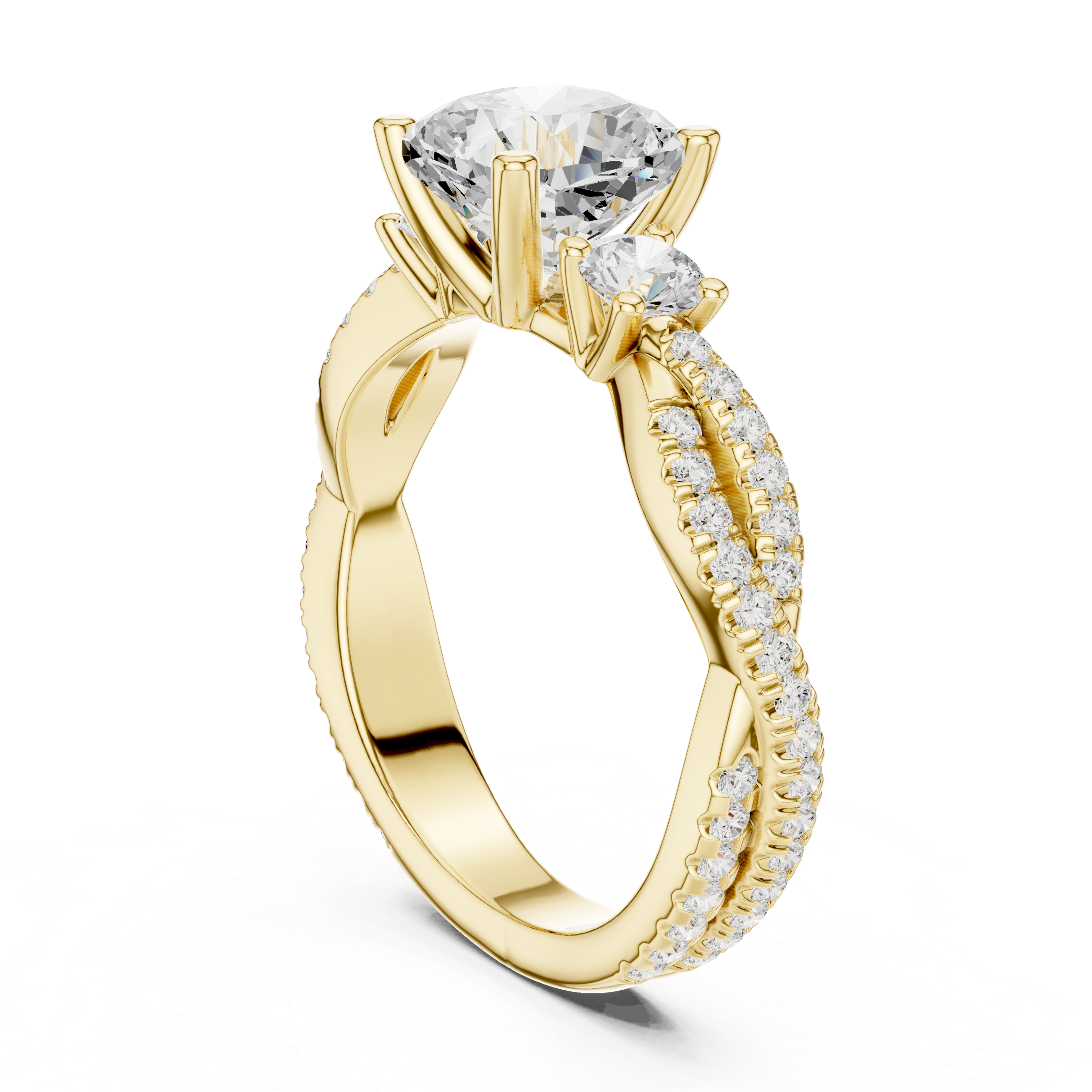 Cushion Cut Twisted Pavé Three Stone Engagement Ring with Diamond Accents