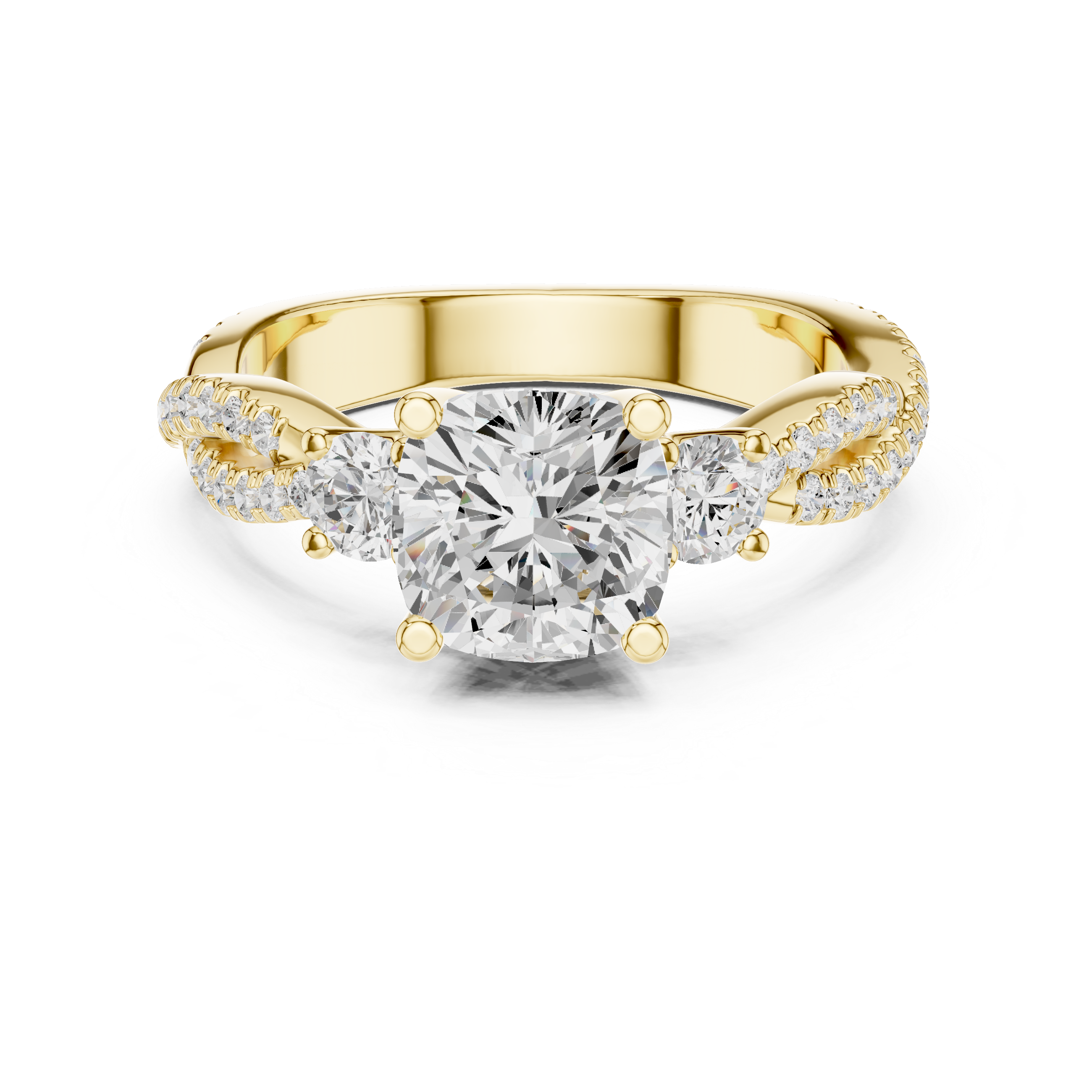 Cushion Cut Twisted Pavé Three Stone Engagement Ring with Diamond Accents