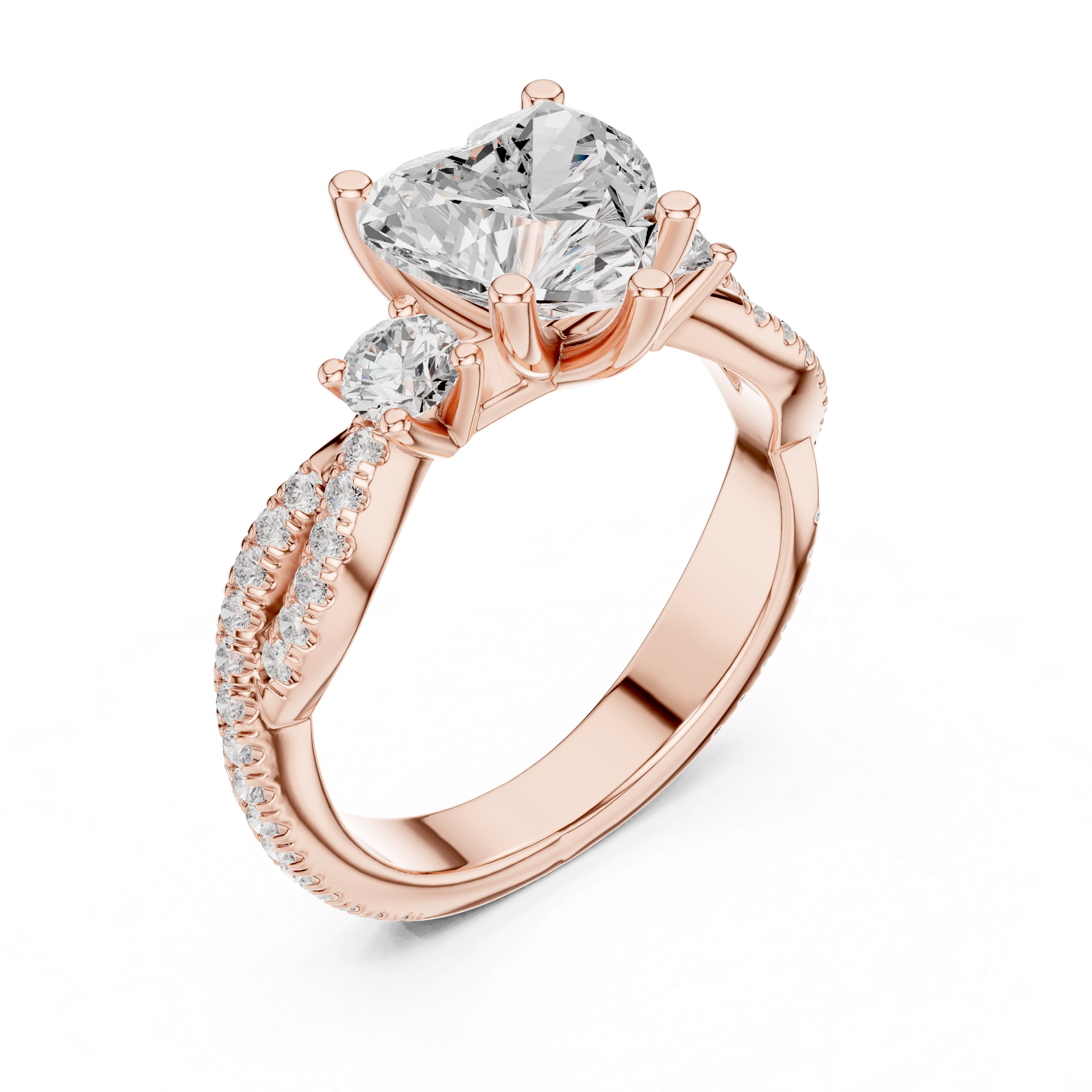 Heart Cut Twisted Pavé Three Stone Engagement Ring with Diamond Accents