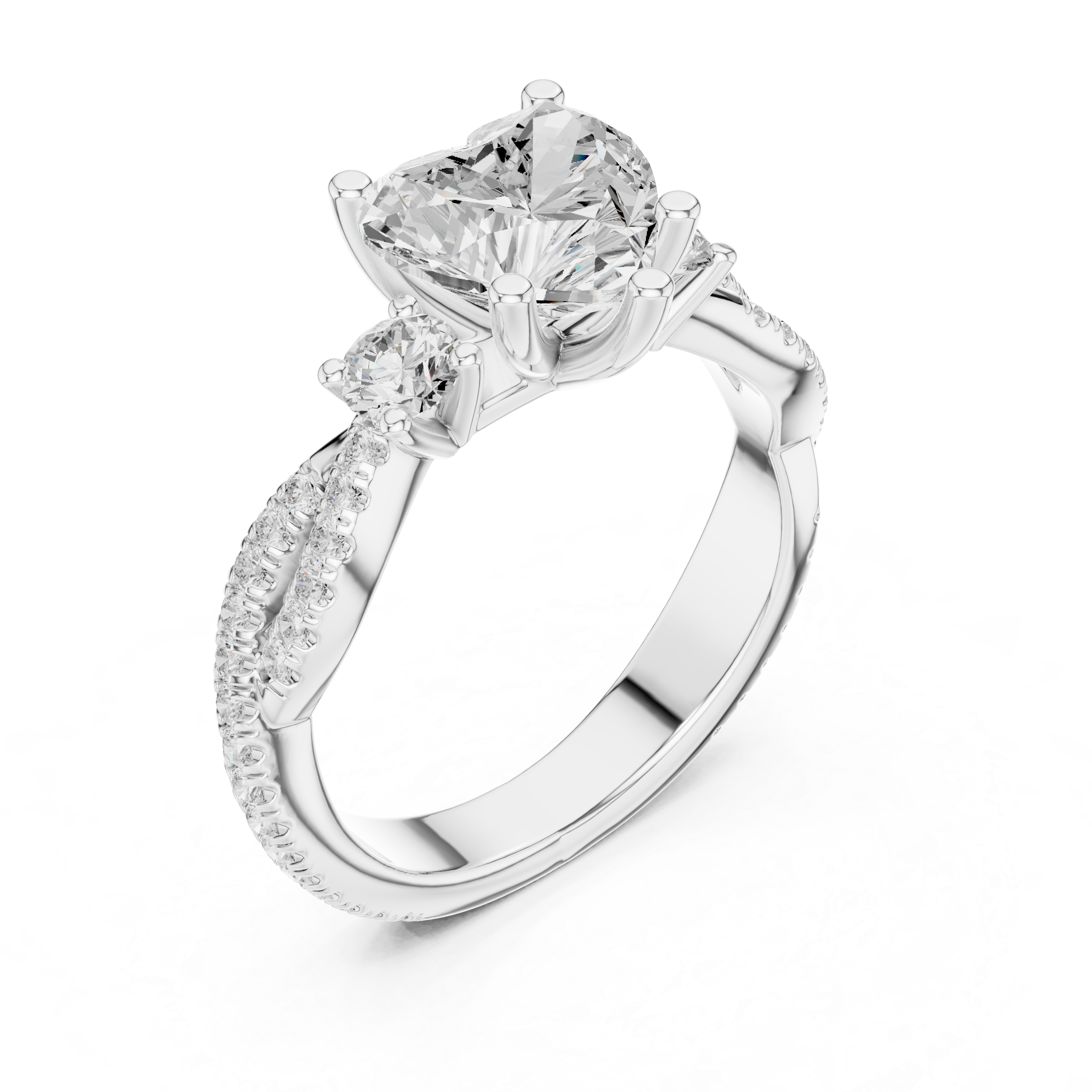 Heart Cut Twisted Pavé Three Stone Engagement Ring with Diamond Accents
