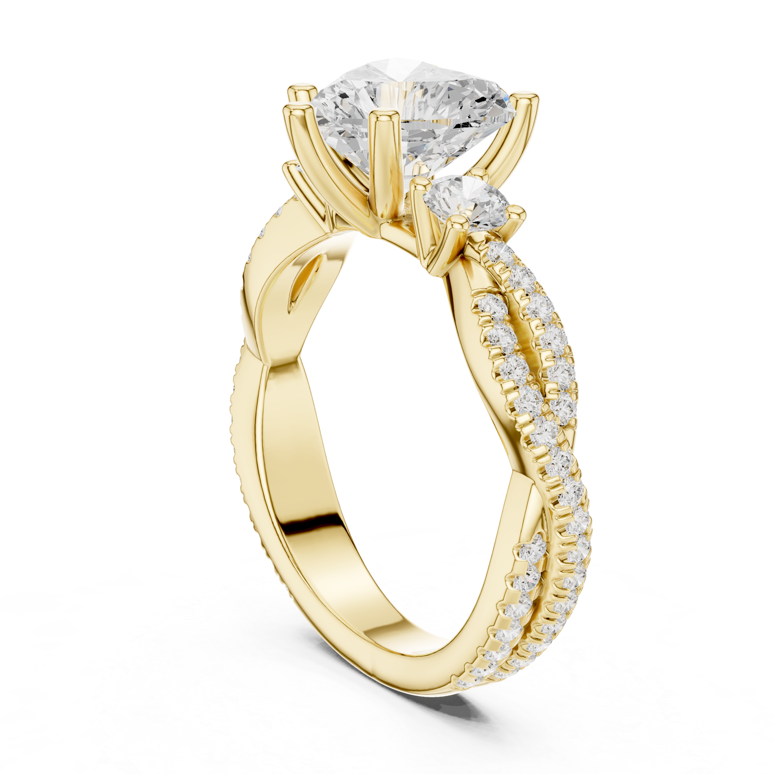 Heart Cut Twisted Pavé Three Stone Engagement Ring with Diamond Accents