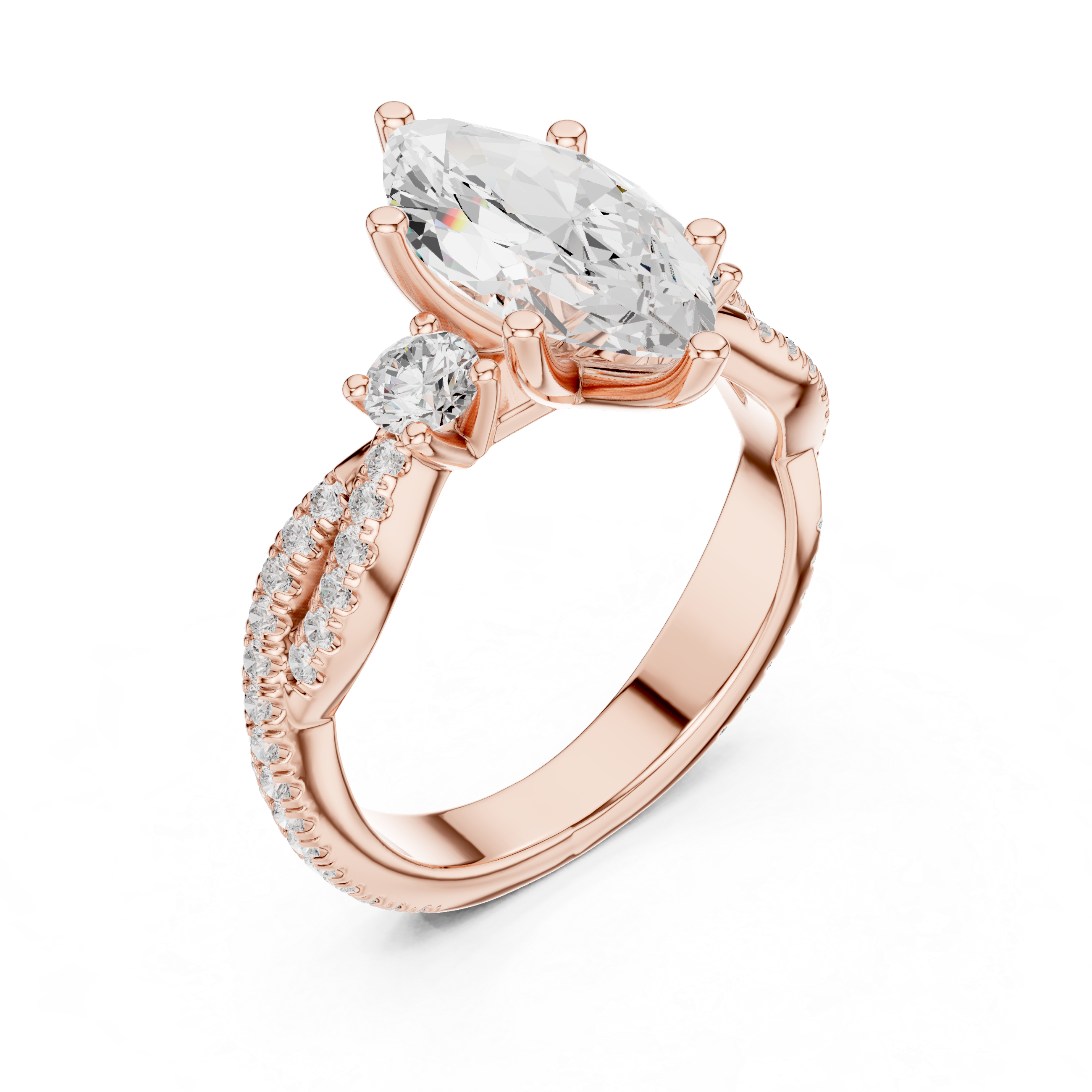 Marquise Cut Twisted Pavé Three Stone Engagement Ring with Diamond Accents