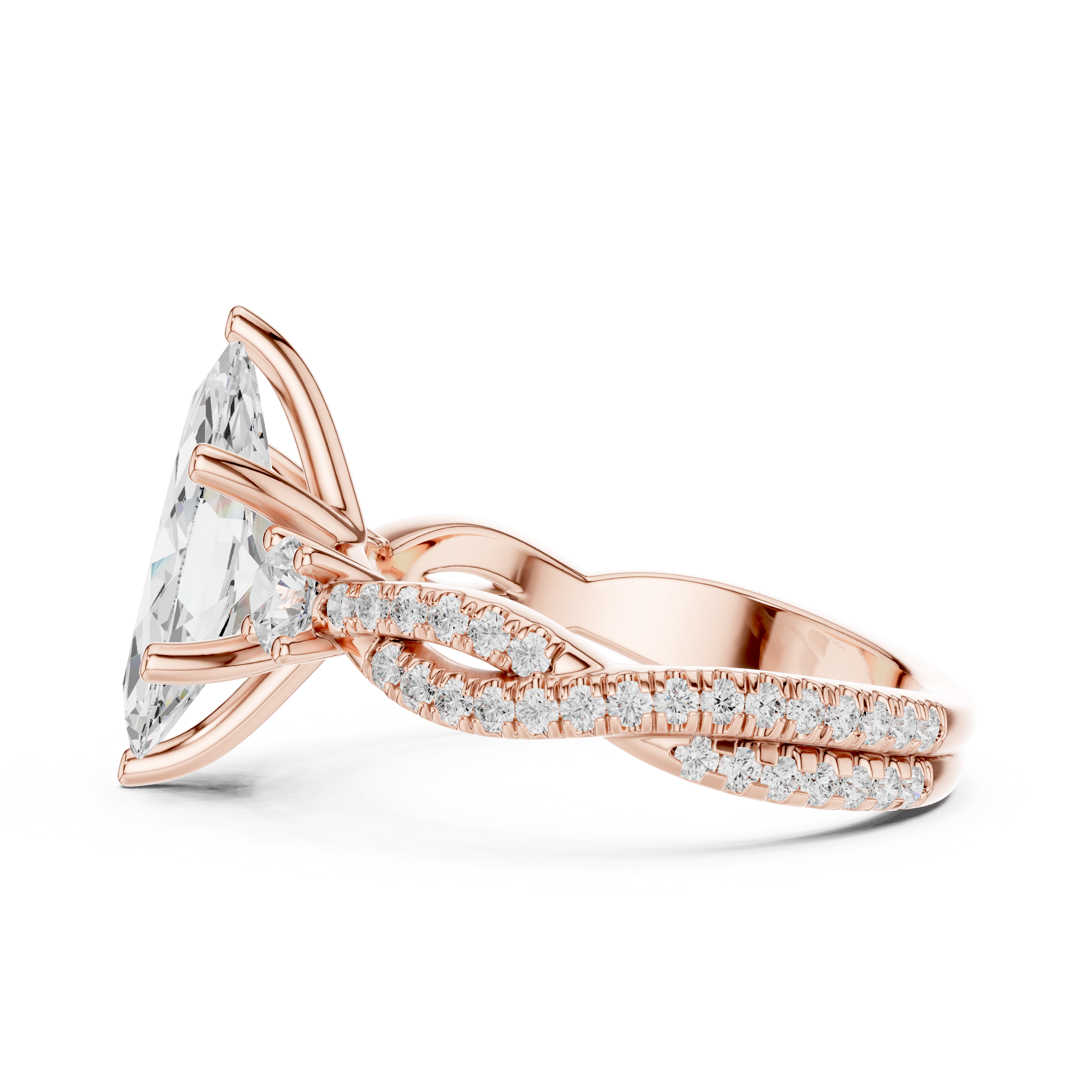Marquise Cut Twisted Pavé Three Stone Engagement Ring with Diamond Accents