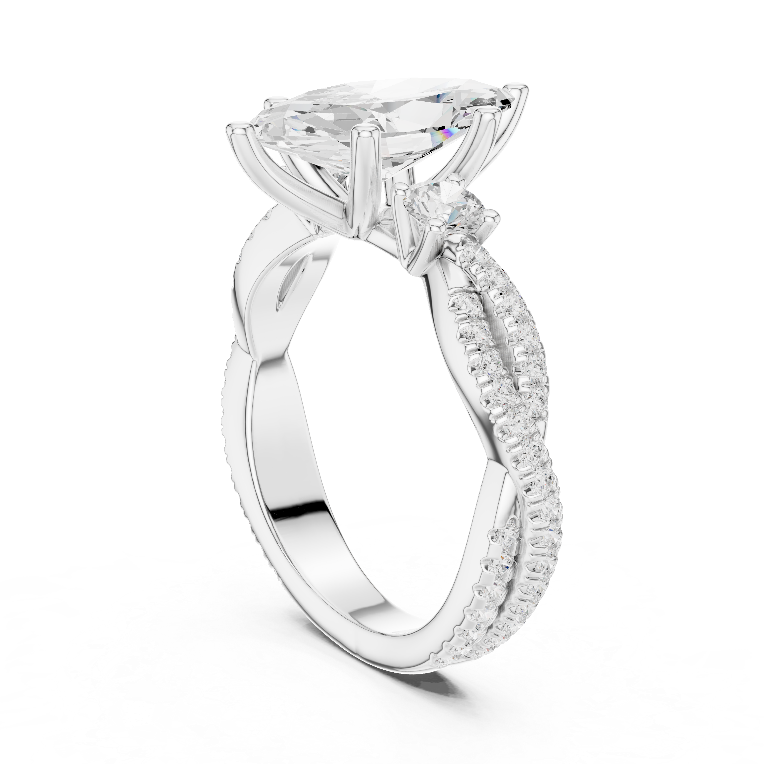 Marquise Cut Twisted Pavé Three Stone Engagement Ring with Diamond Accents