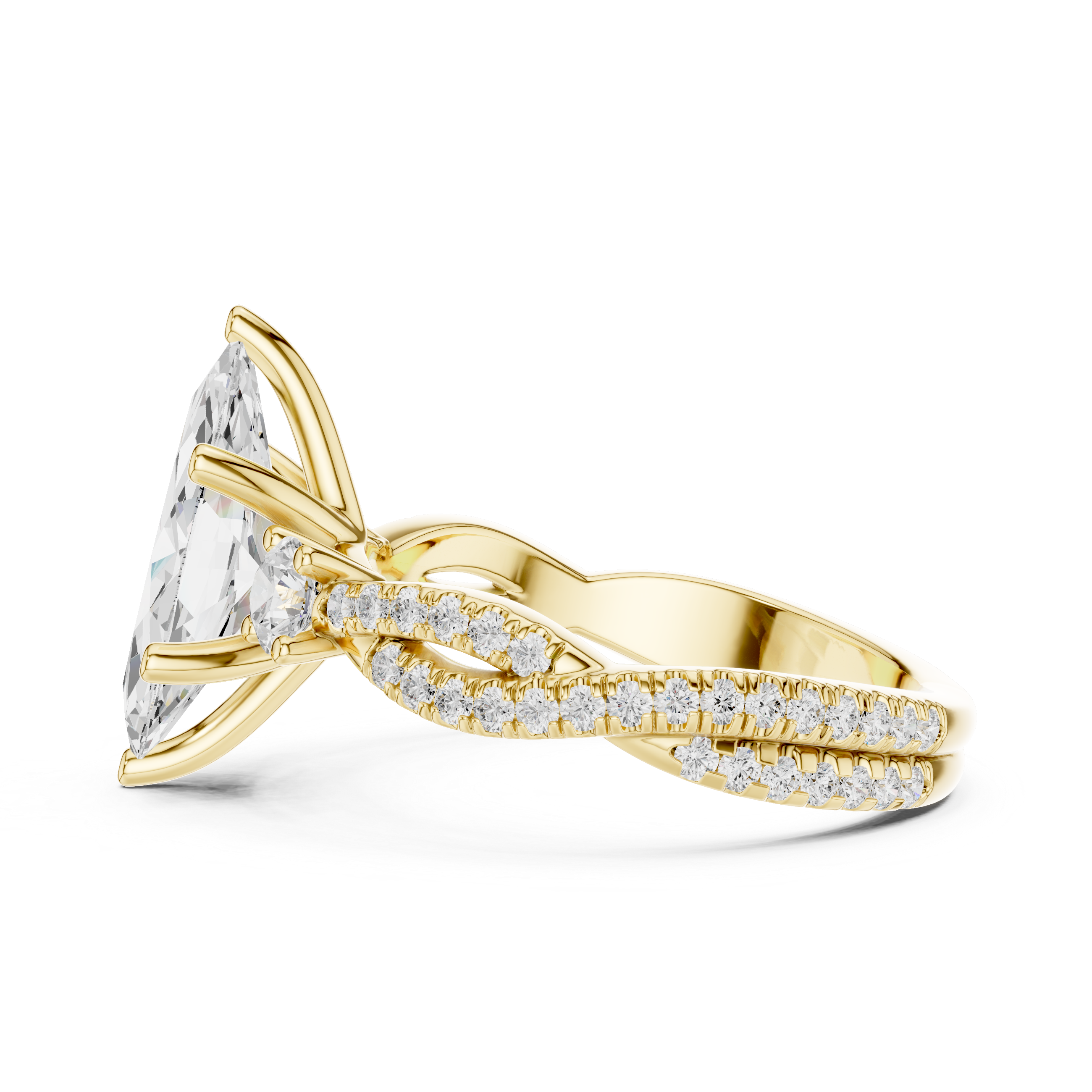 Marquise Cut Twisted Pavé Three Stone Engagement Ring with Diamond Accents