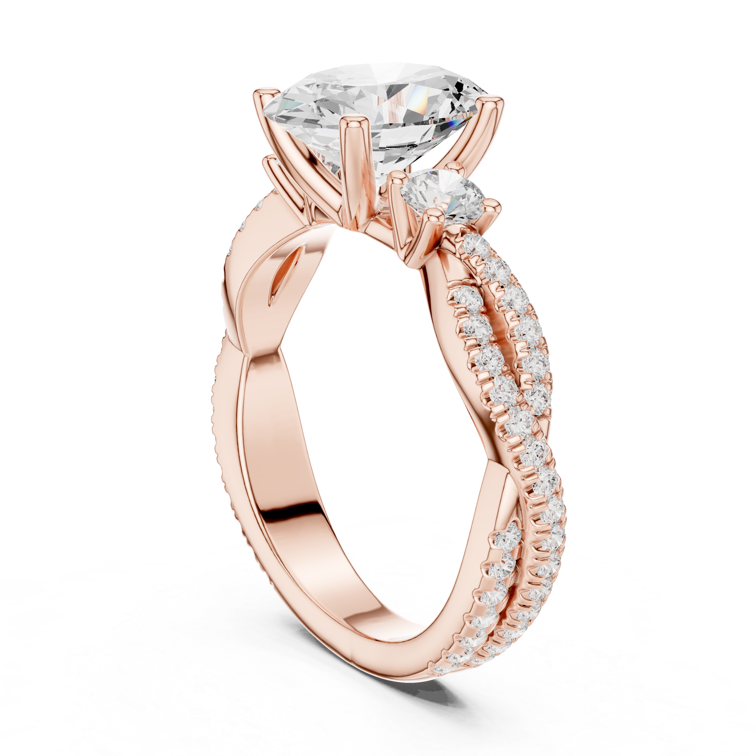 Oval Cut Twisted Pavé Three Stone Engagement Ring with Diamond Accents