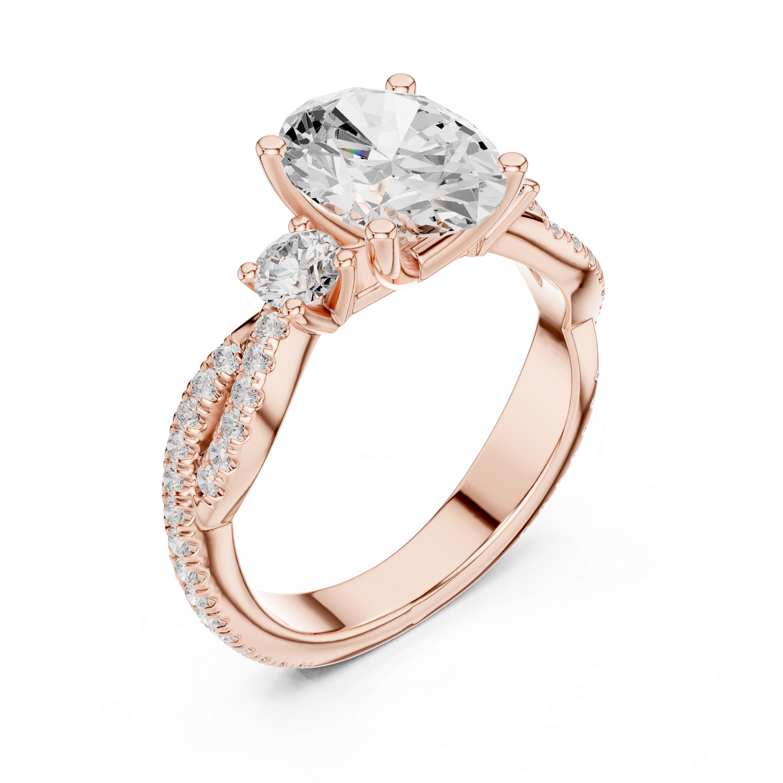 Oval Cut Twisted Pavé Three Stone Engagement Ring with Diamond Accents