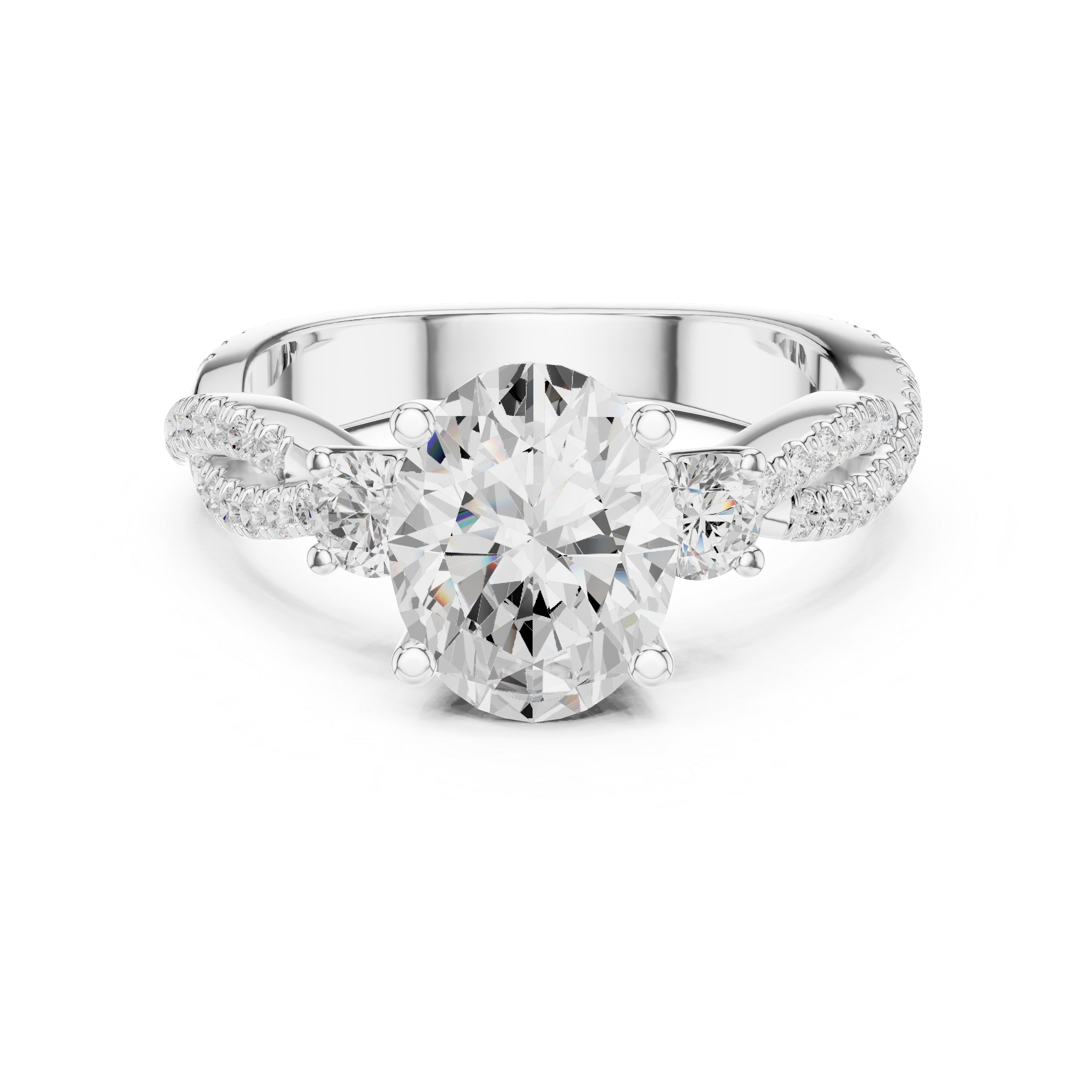 Oval Cut Twisted Pavé Three Stone Engagement Ring with Diamond Accents