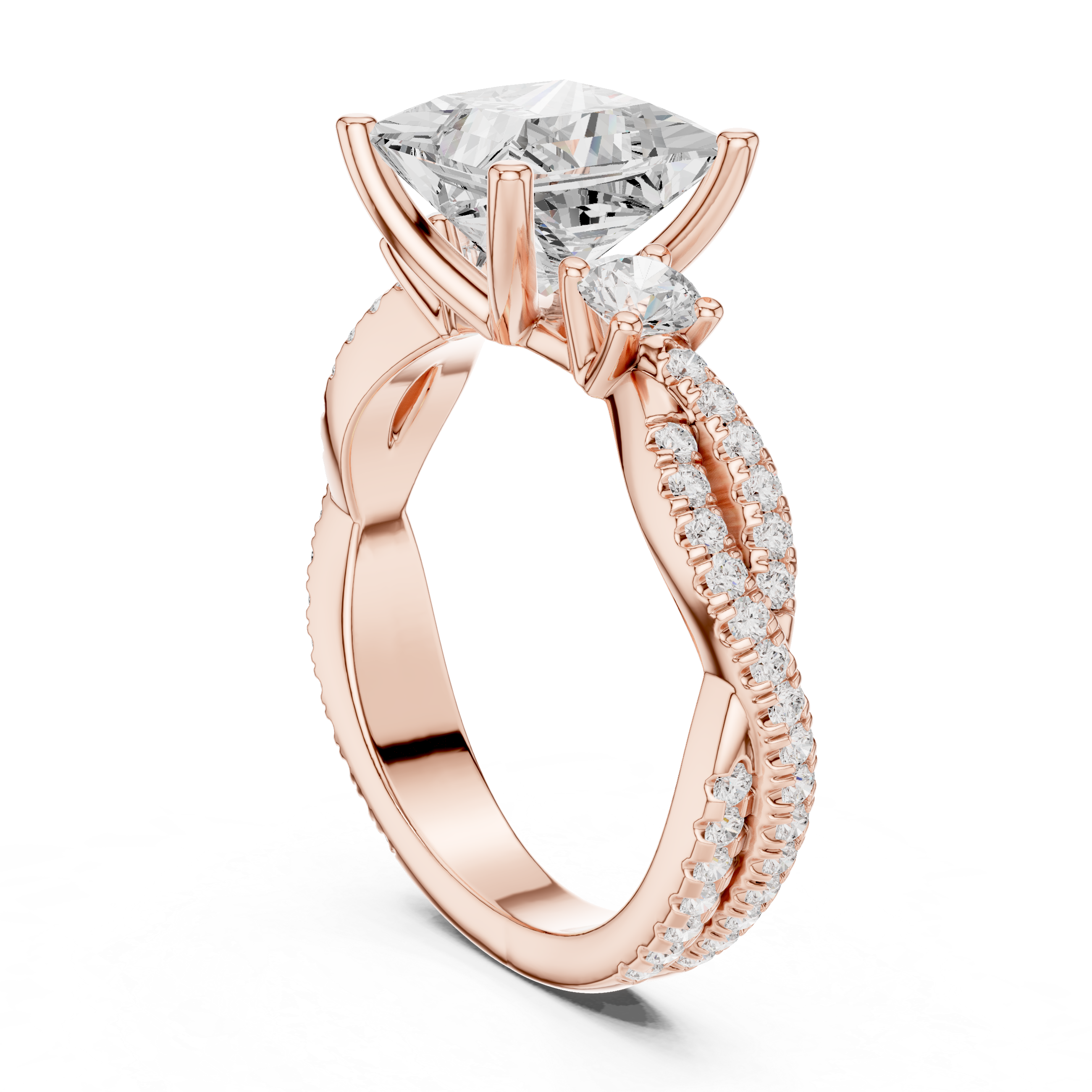 Princess Cut Twisted Pavé Three Stone Engagement Ring with Round Side Diamonds