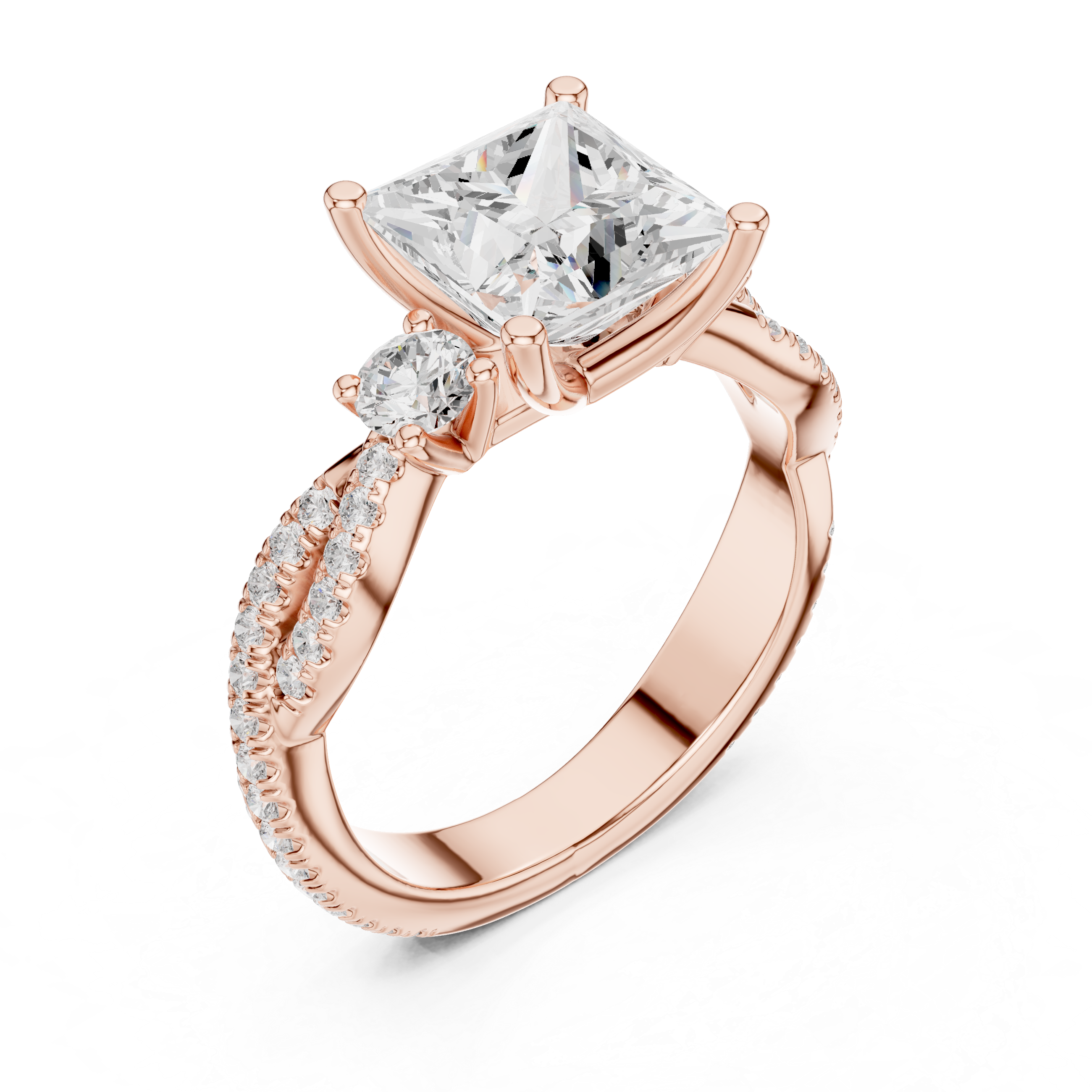 Princess Cut Twisted Pavé Three Stone Engagement Ring with Round Side Diamonds