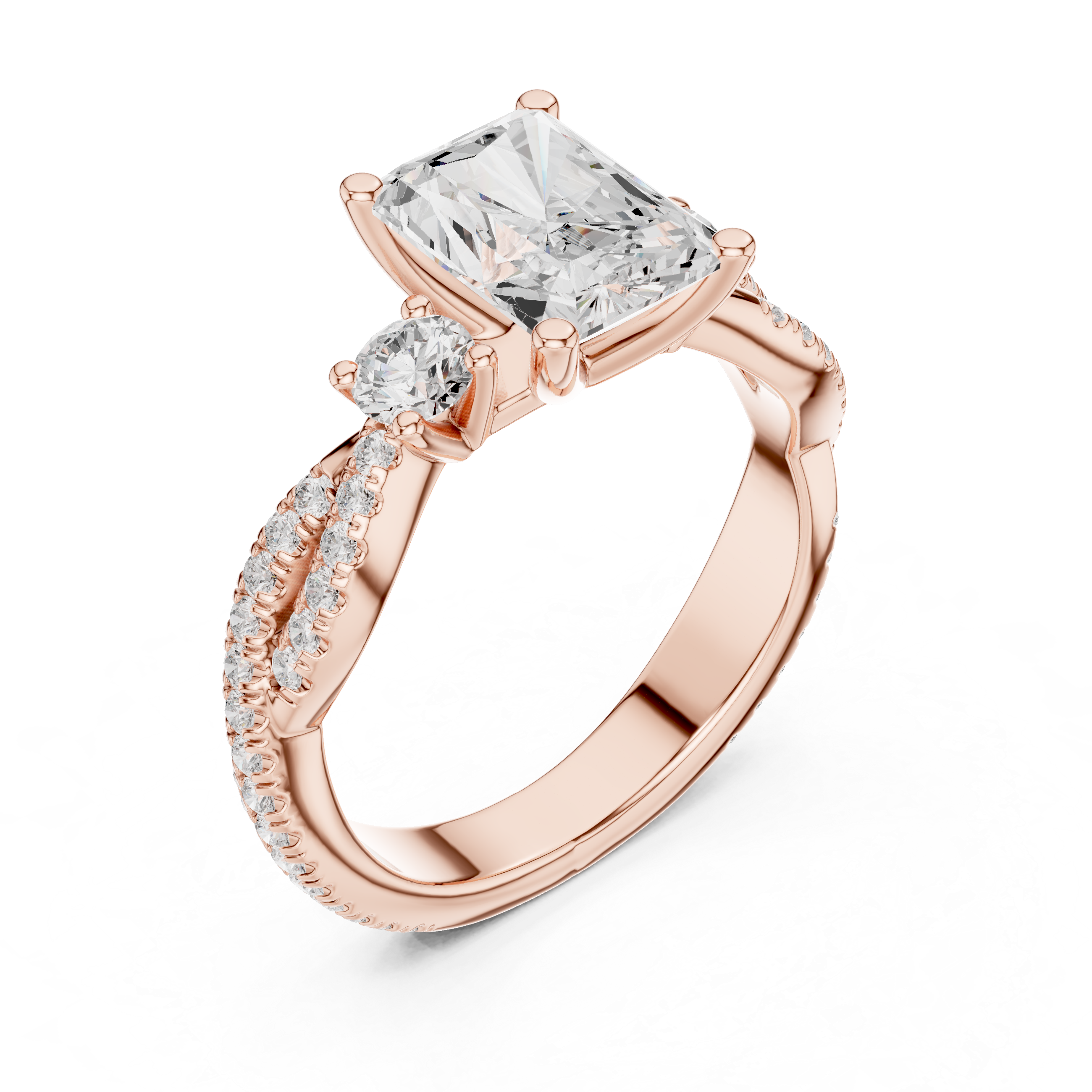 Radiant Cut Twisted Pavé Three Stone Engagement Ring with Round Side Diamonds