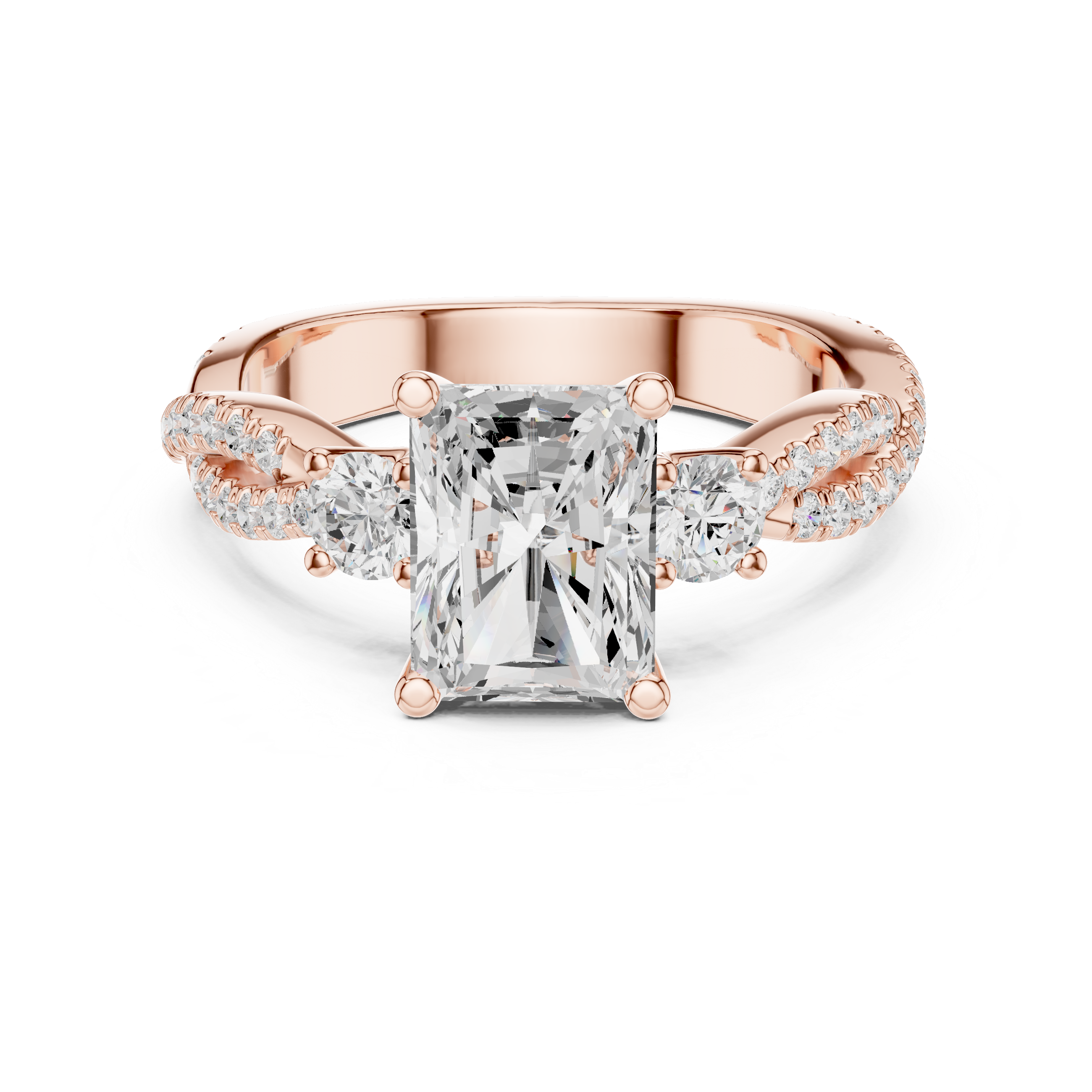 Radiant Cut Twisted Pavé Three Stone Engagement Ring with Round Side Diamonds