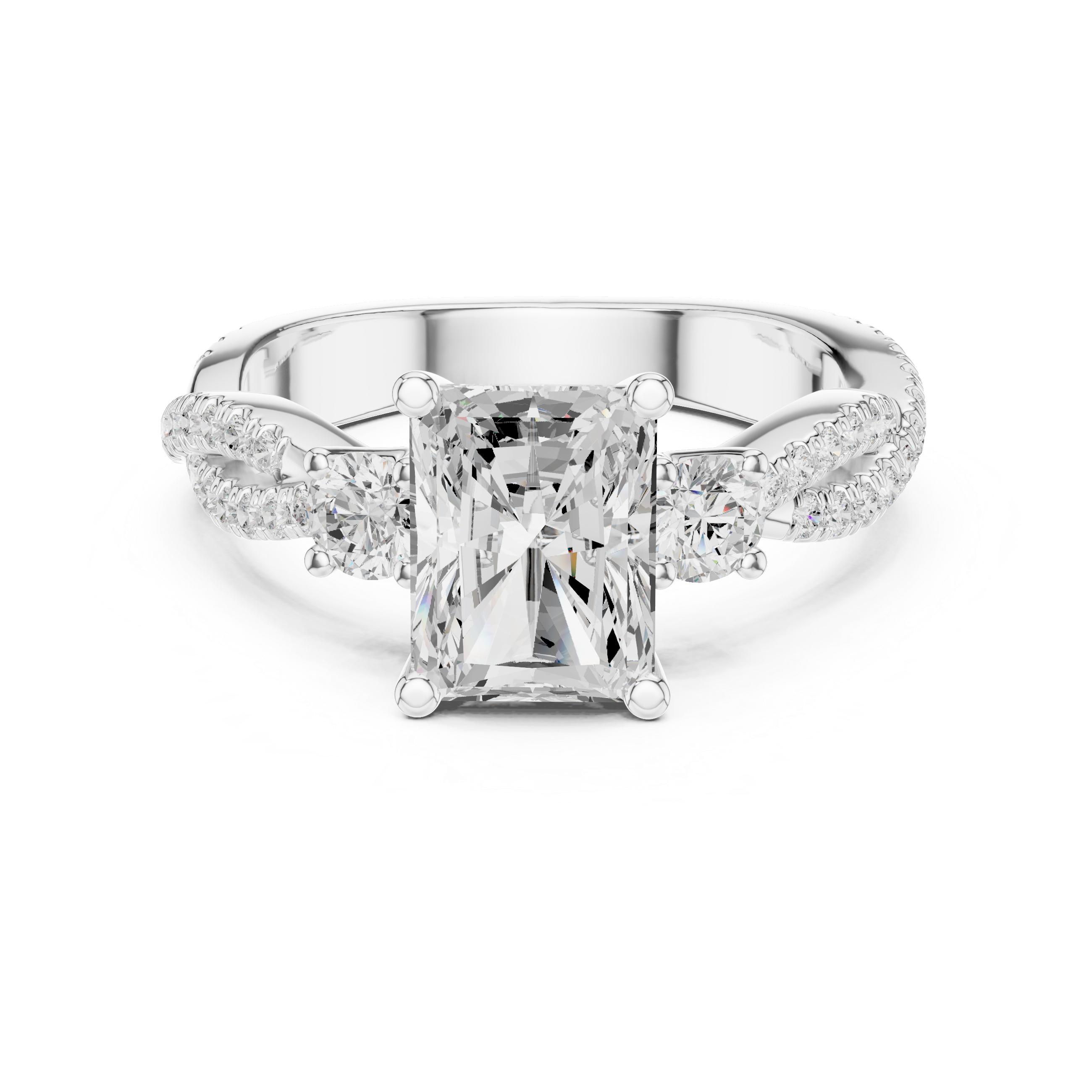 Radiant Cut Twisted Pavé Three Stone Engagement Ring with Round Side Diamonds