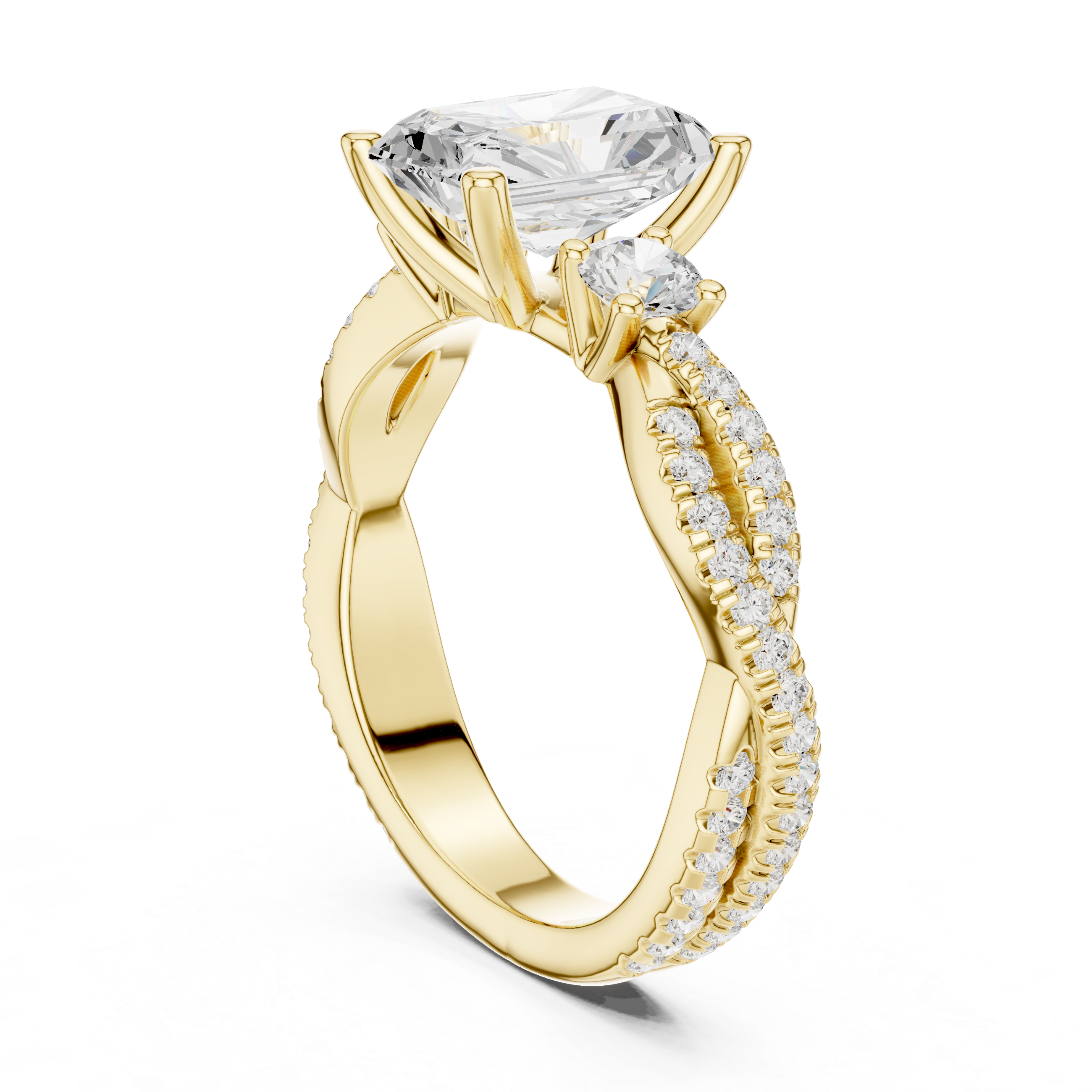 Radiant Cut Twisted Pavé Three Stone Engagement Ring with Round Side Diamonds