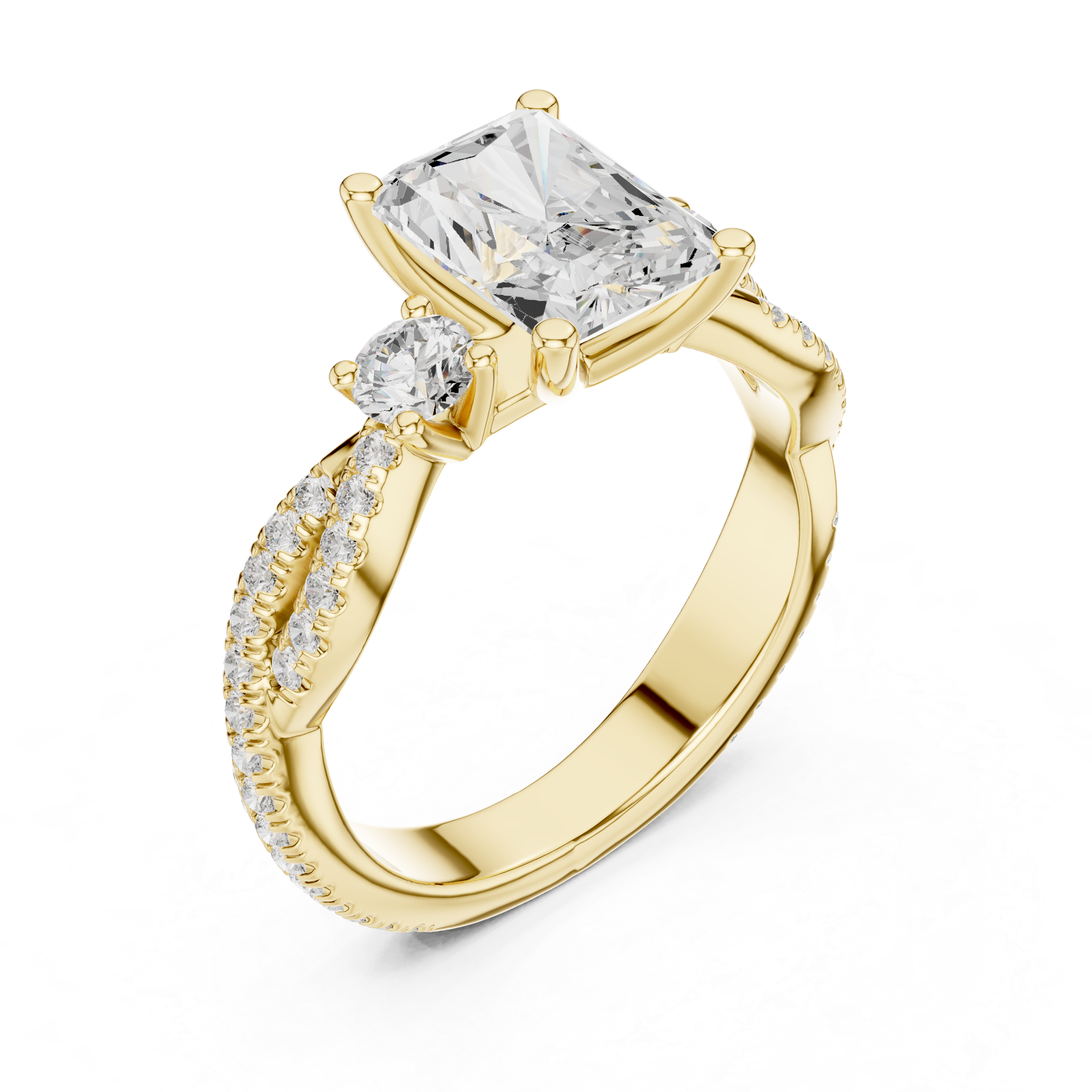 Radiant Cut Twisted Pavé Three Stone Engagement Ring with Round Side Diamonds