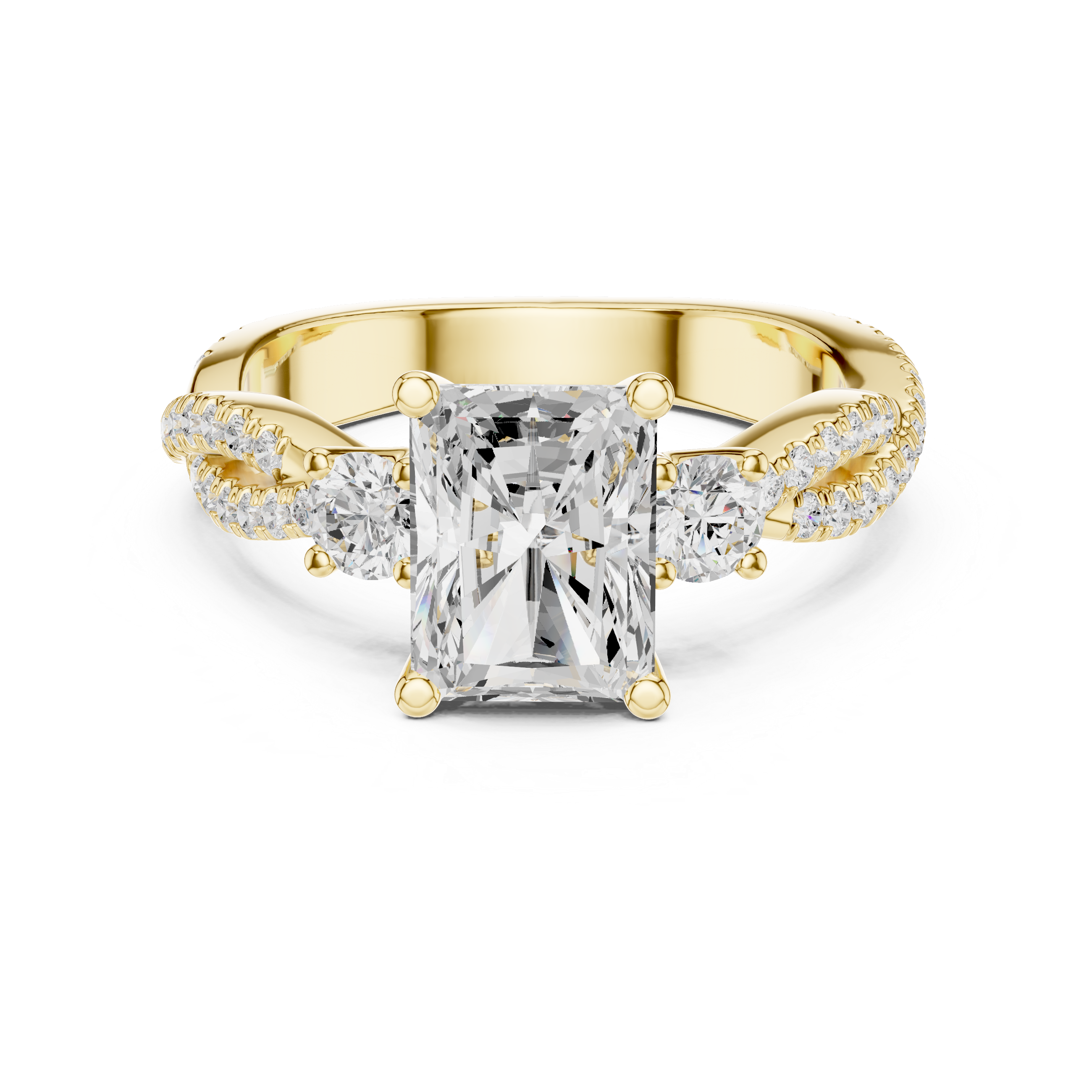 Radiant Cut Twisted Pavé Three Stone Engagement Ring with Round Side Diamonds