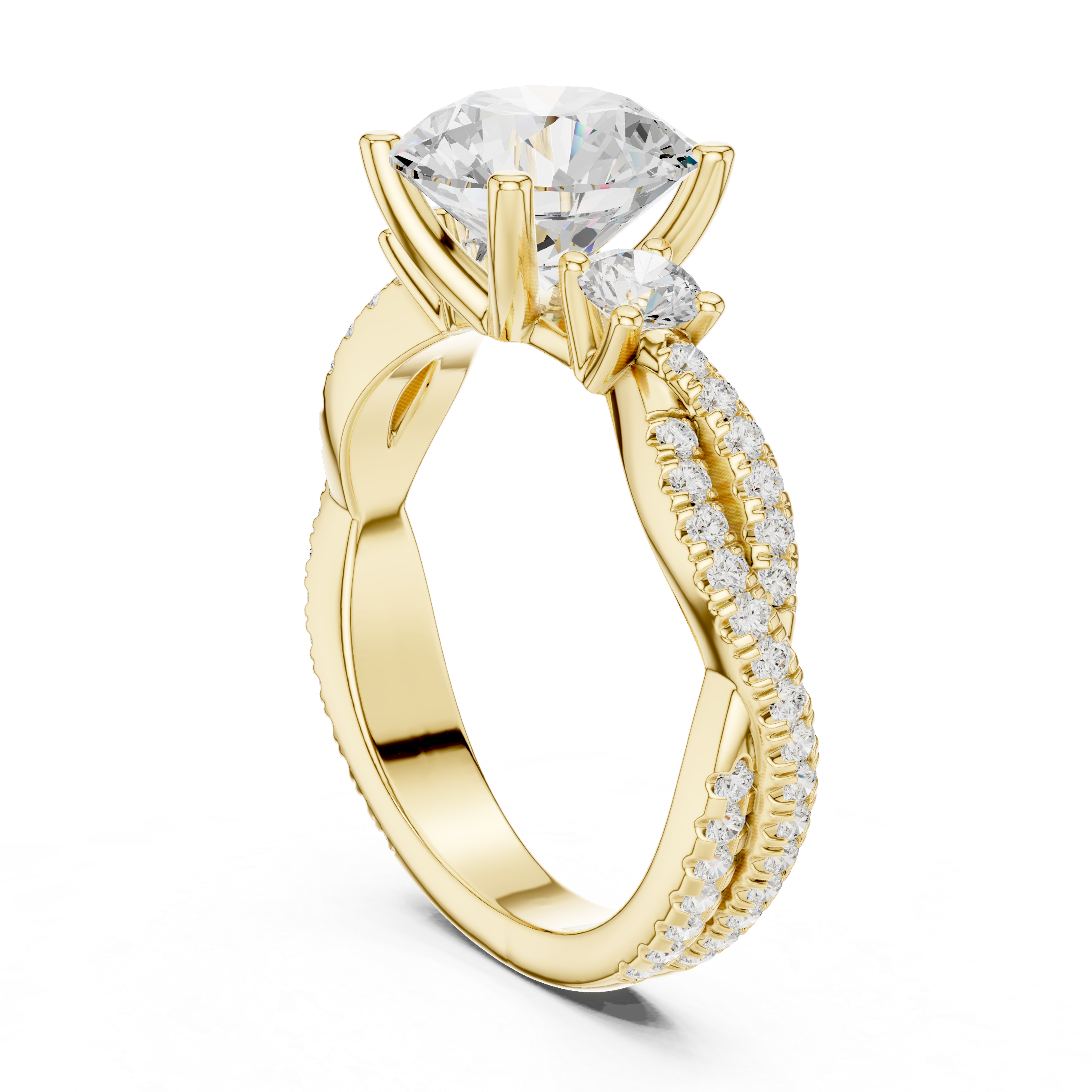 Twisted Pavé Three Stone Engagement Ring with Round Center Diamond and Side Accents