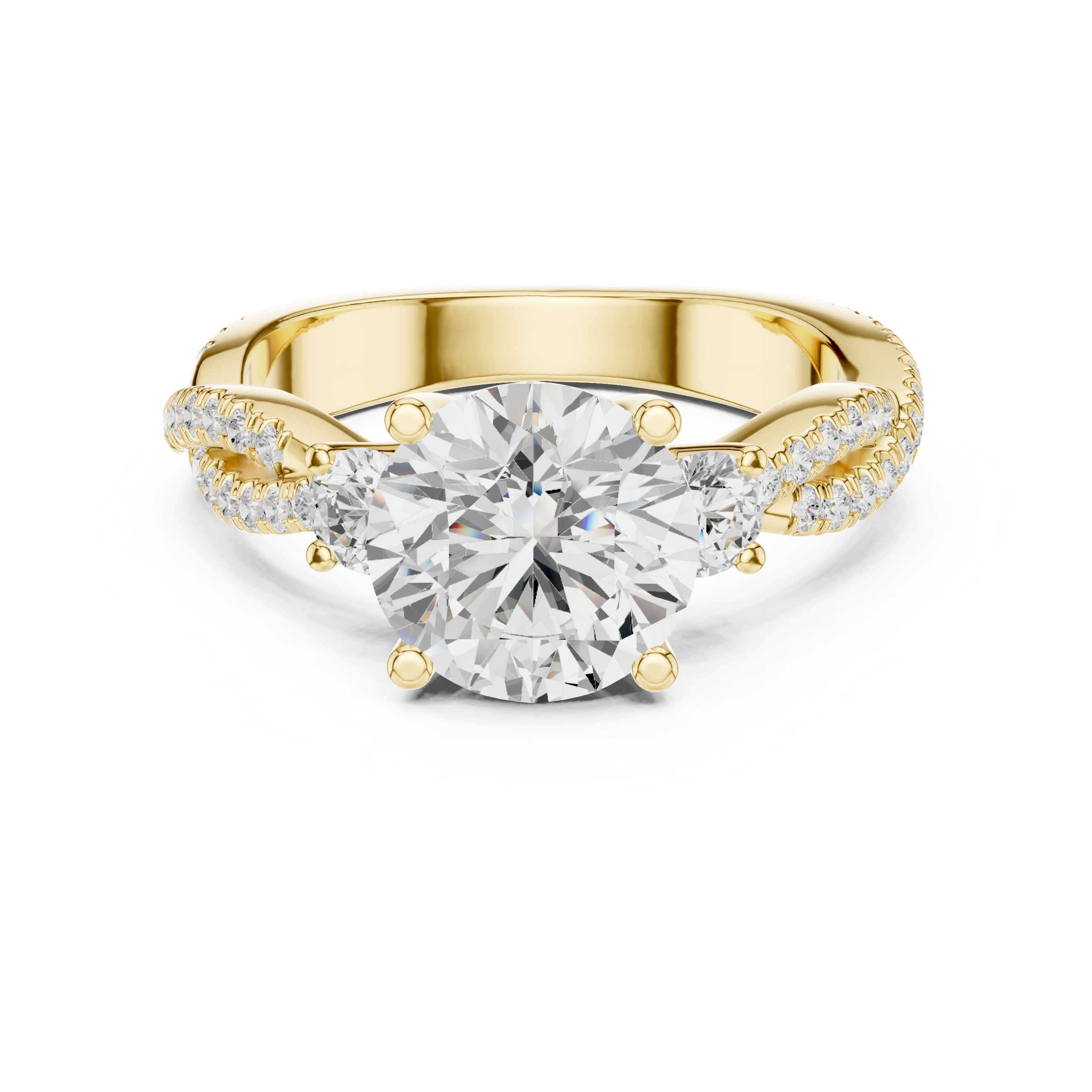 Twisted Pavé Three Stone Engagement Ring with Round Center Diamond and Side Accents