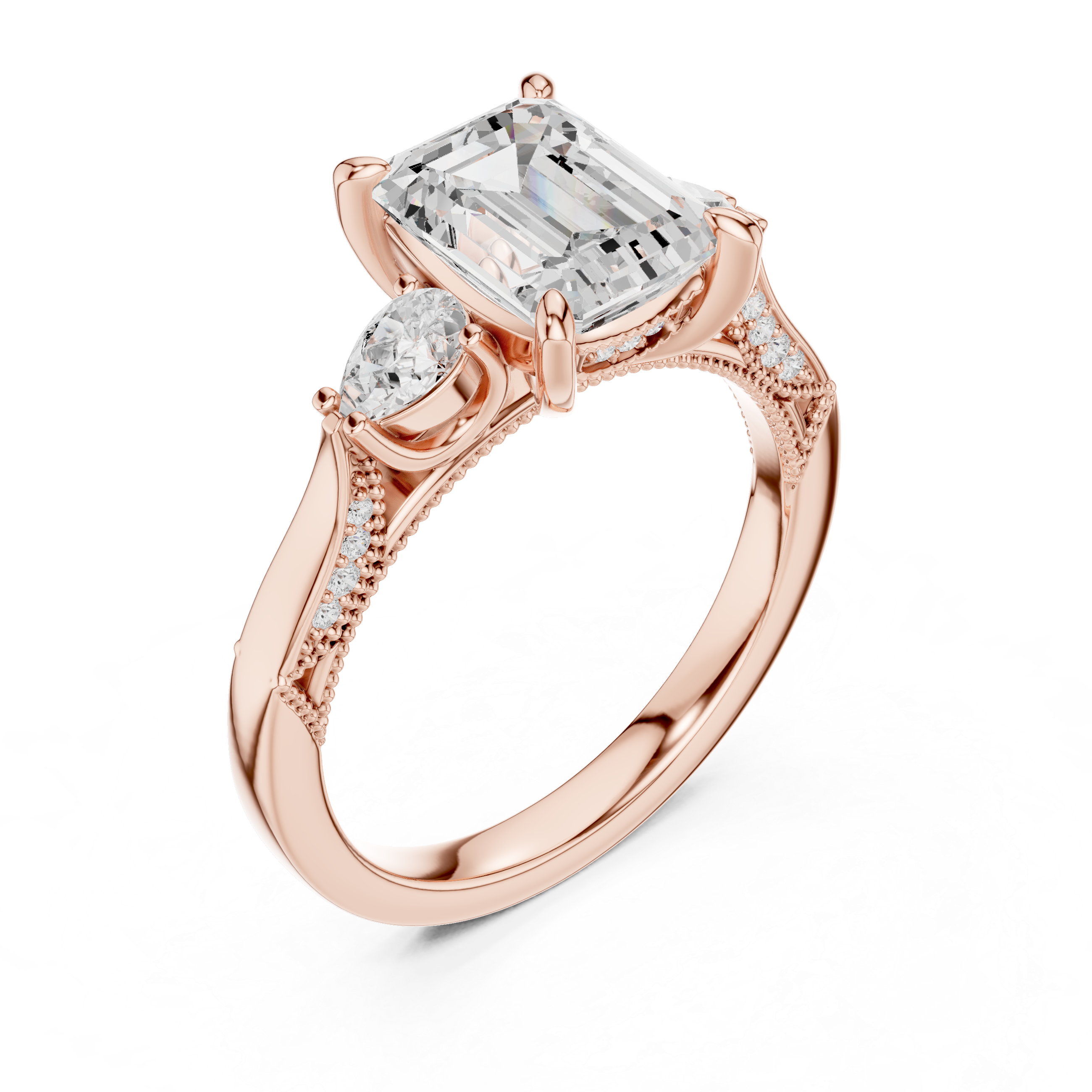 Emerald Cut Three Stone Engagement Ring with Pear Side Diamonds and Hidden Halo Accents