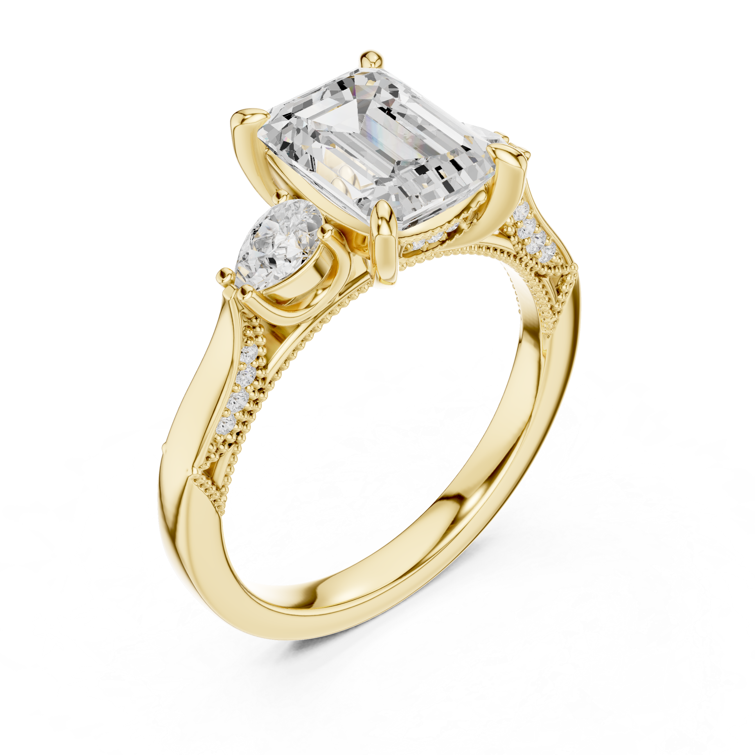 Emerald Cut Three Stone Engagement Ring with Pear Side Diamonds and Hidden Halo Accents