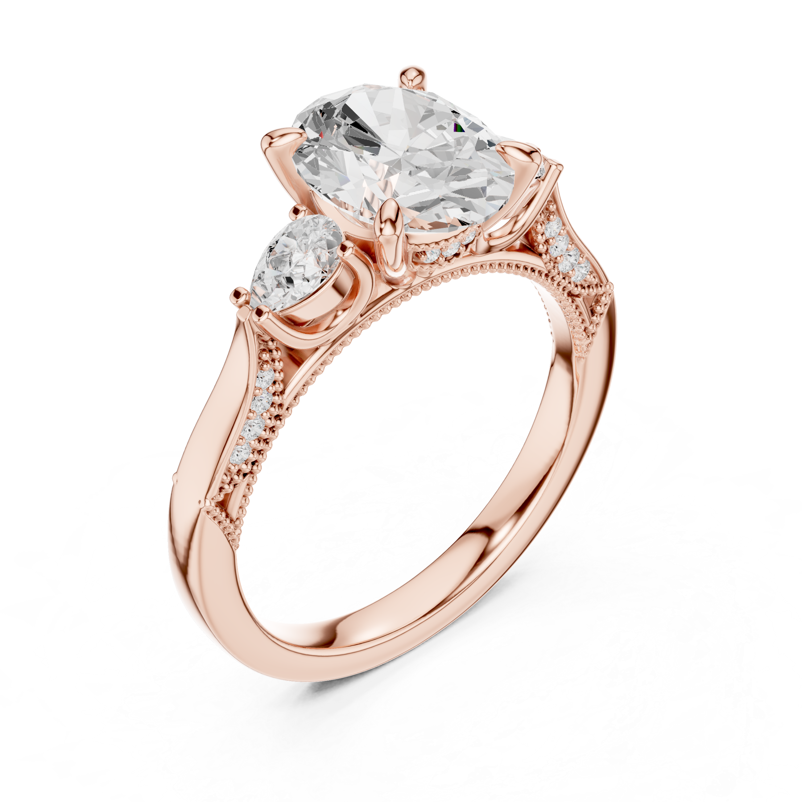 Oval Cut Three Stone Engagement Ring with Pear Side Diamonds and Hidden Halo Gallery