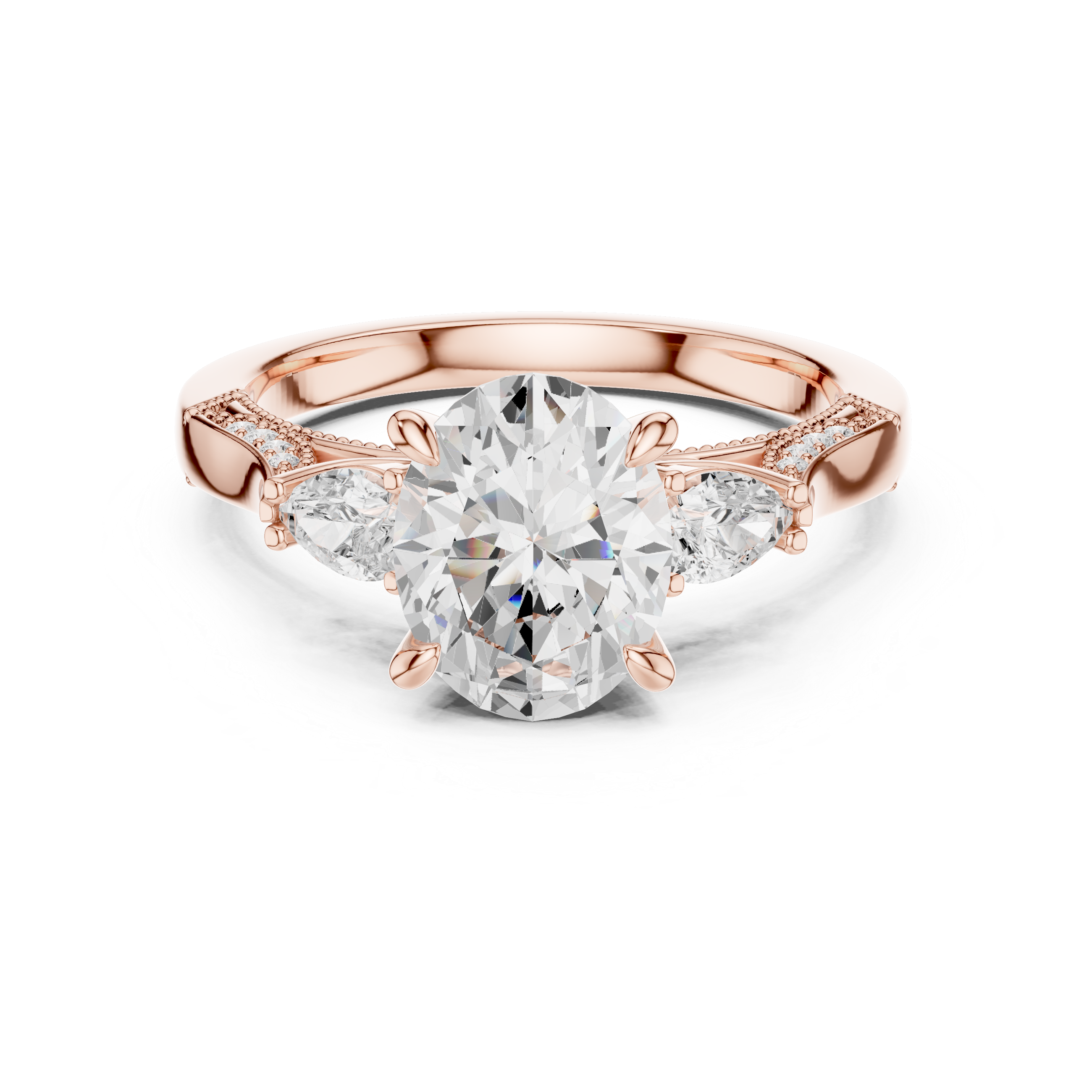 Oval Cut Three Stone Engagement Ring with Pear Side Diamonds and Hidden Halo Gallery