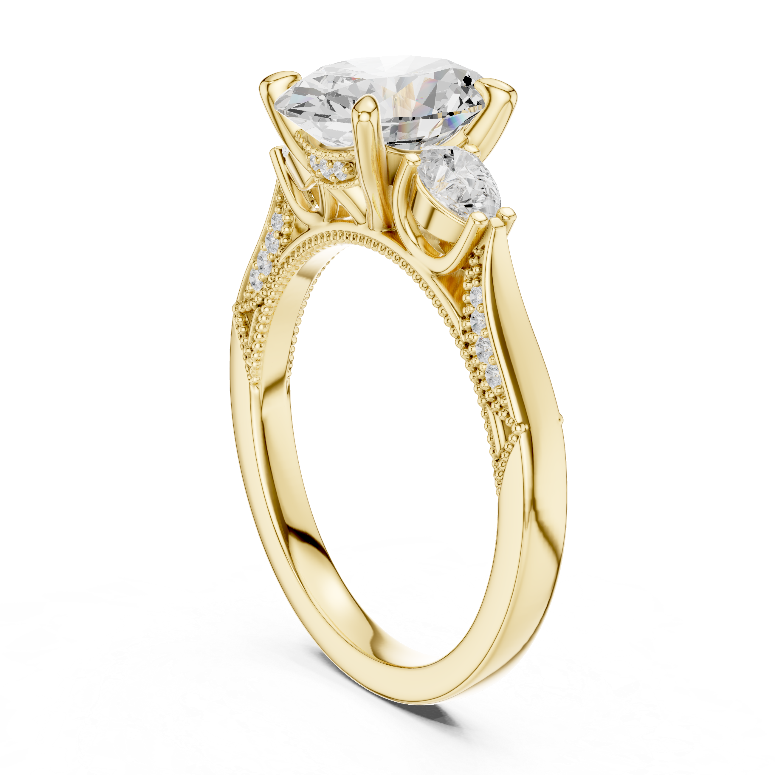 Oval Cut Three Stone Engagement Ring with Pear Side Diamonds and Hidden Halo Gallery