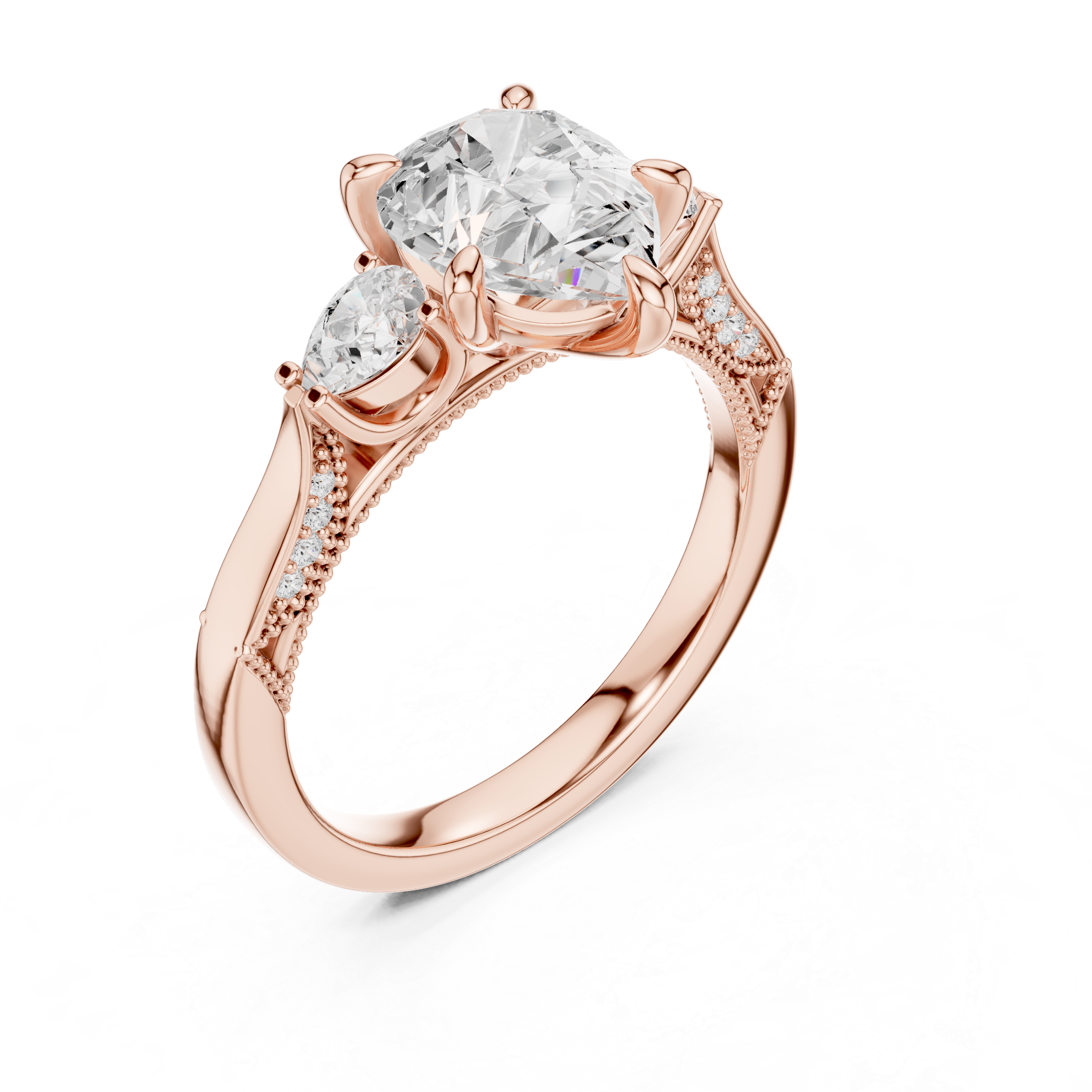 Heart Cut Three Stone Engagement Ring with Pear Side Diamonds and Hidden Halo Accents