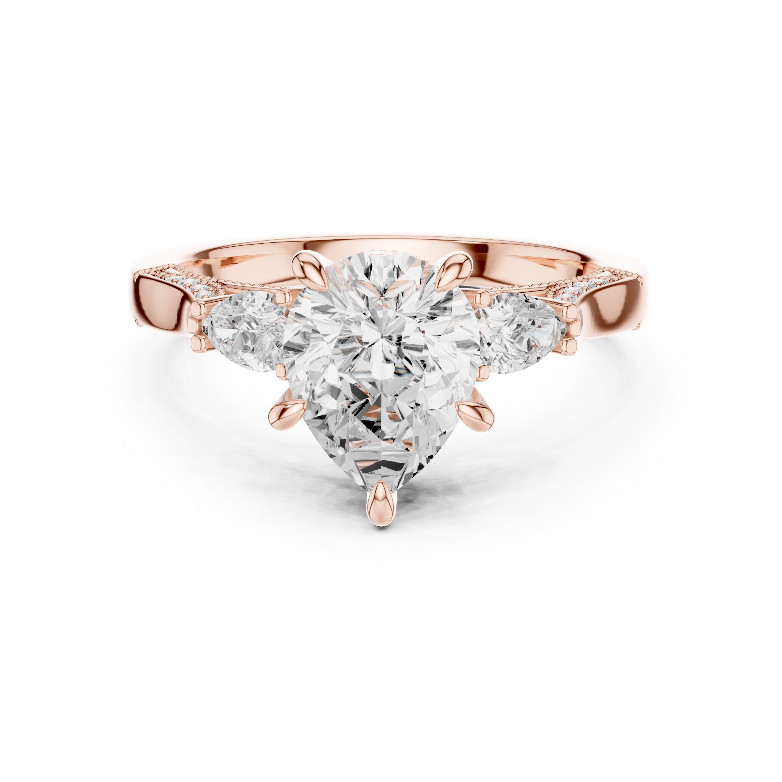 Heart Cut Three Stone Engagement Ring with Pear Side Diamonds and Hidden Halo Accents