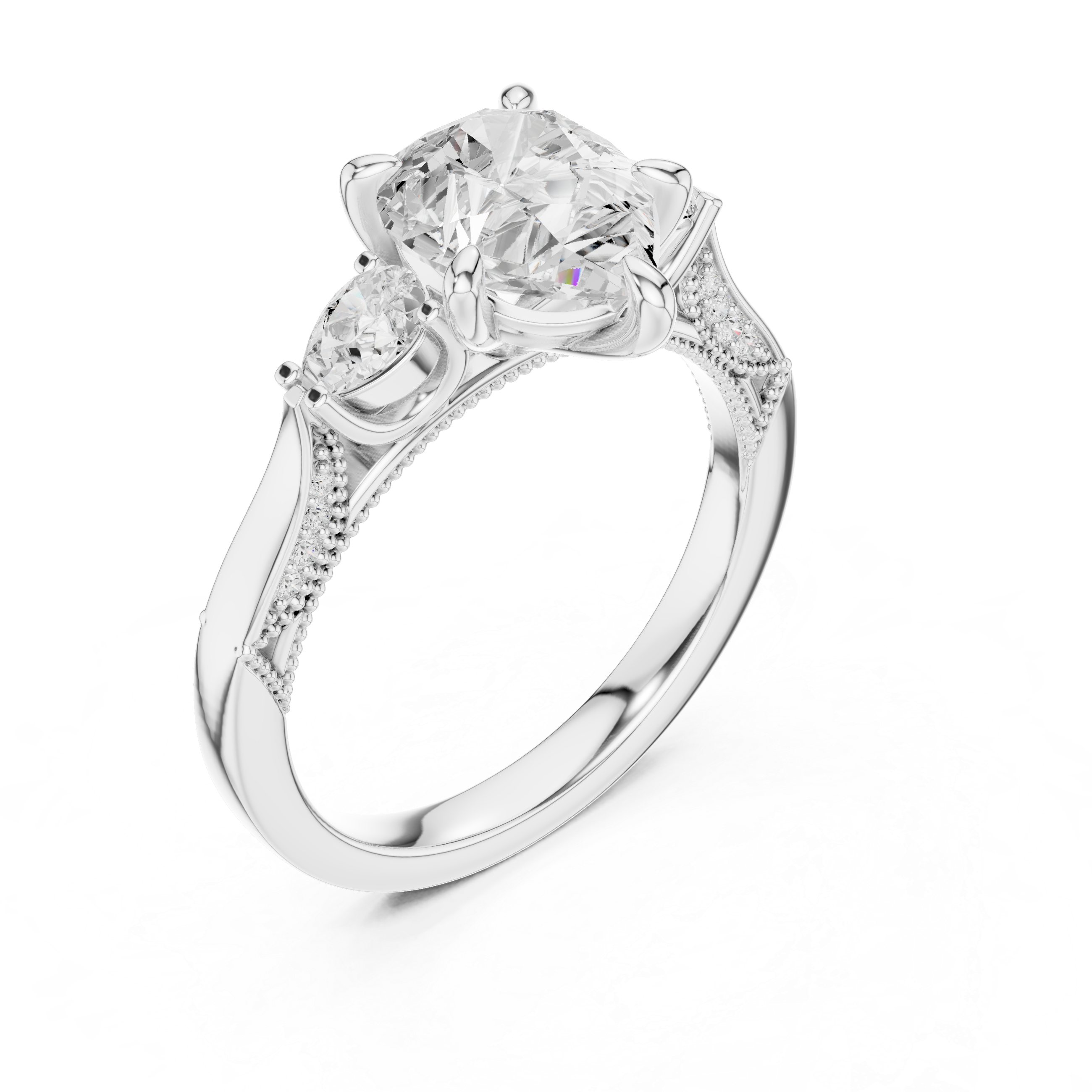 Heart Cut Three Stone Engagement Ring with Pear Side Diamonds and Hidden Halo Accents