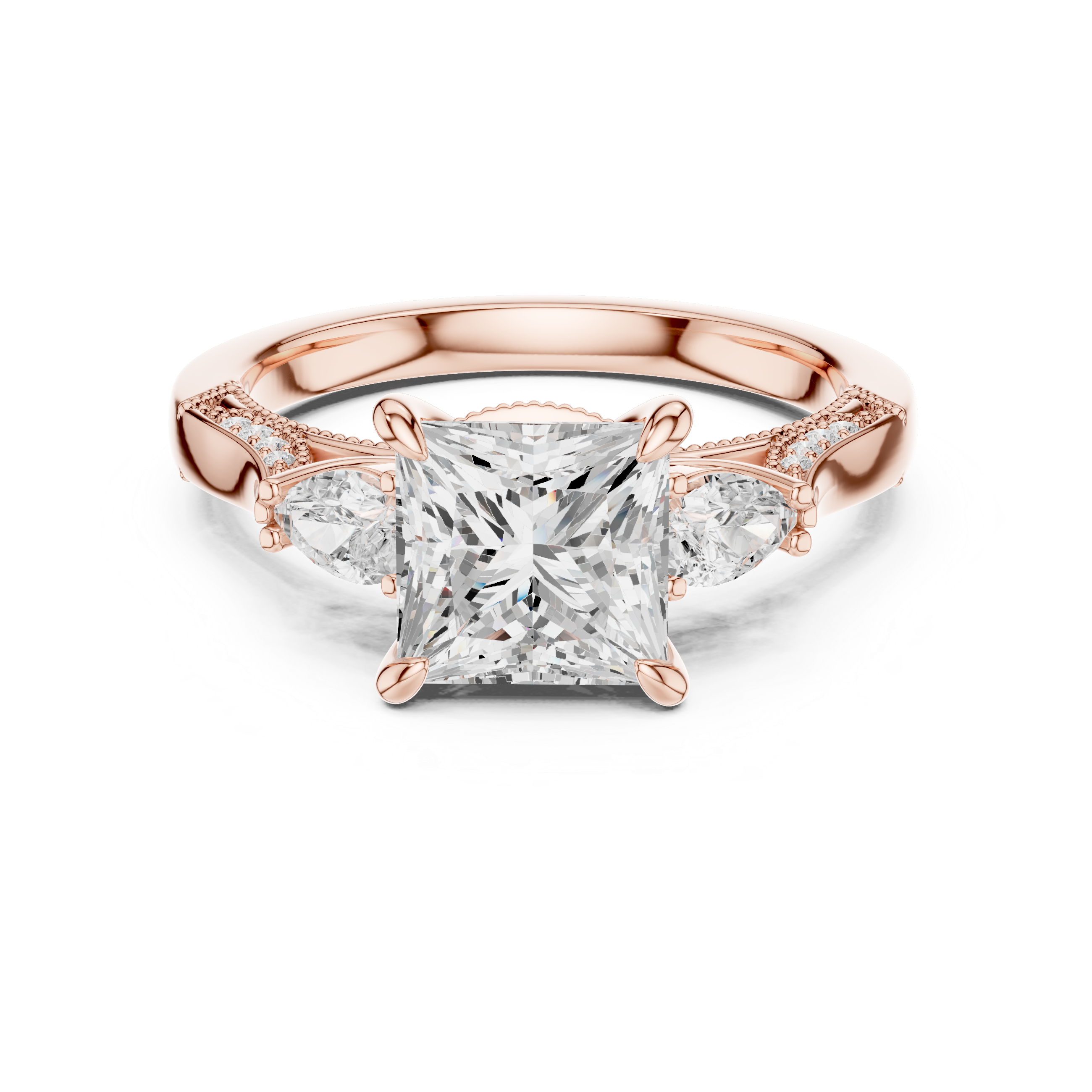 Princess Cut Three Stone Engagement Ring with Pear Side Diamonds and Hidden Halo Gallery